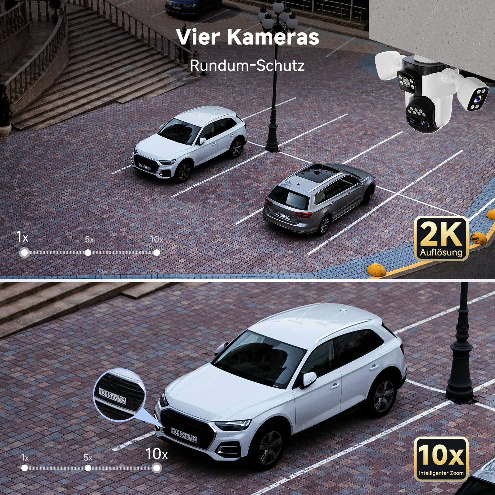 VSTARCAM Telecamera di sorveglianza esterna Wi-Fi, 2K 4 lenti PTZ telecamera con visione a 360°, rilevamento personale e tracciamento, zoom ibrido 10X, visione notturna a colori, audio bidirezionale