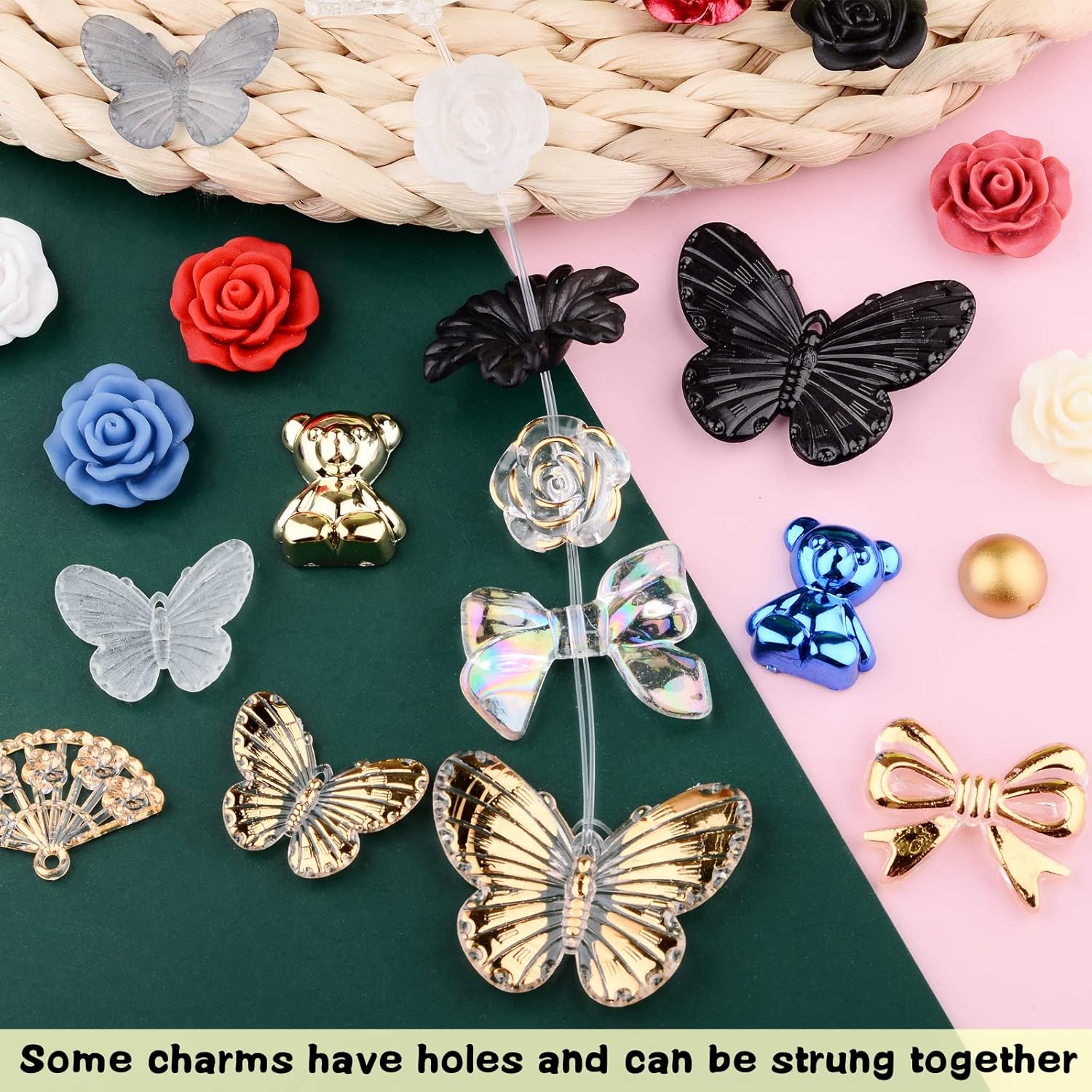 350 Pieces 3D Resin ABS Colorful Rose Flower Bows Butterfly Charms with Flatback Half Round Pearl Beads for Bracelet Earring Necklace Craft DIY Making Supplies - Image 5