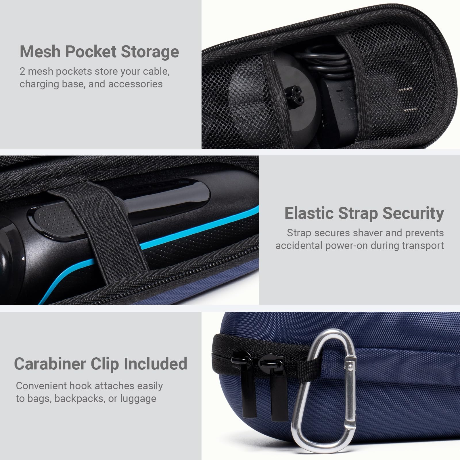 Nincha Custodia per rasoio elettrico Braun Series 3, 5, 7, 9, custodia rigida da viaggio in EVA con vano caricabatterie, custodia protettiva per il trasporto con moschettone, blu navy