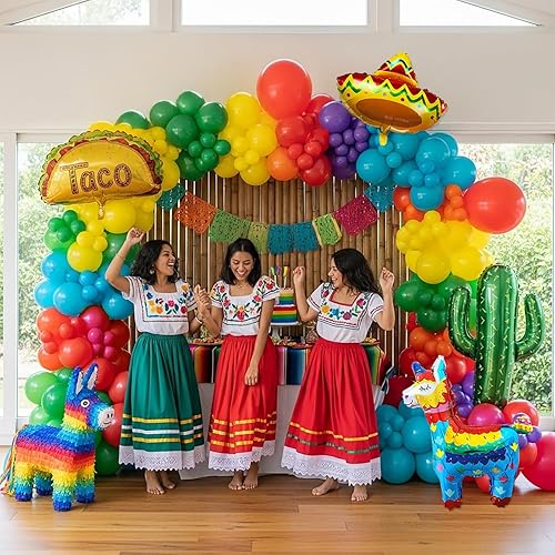 Miniatura 2 de 145 piezas de decoraciones de fiesta mexicana coloridos globos guirnalda arco kit cactus taco sombrero piñata temática mexicana globos de aluminio