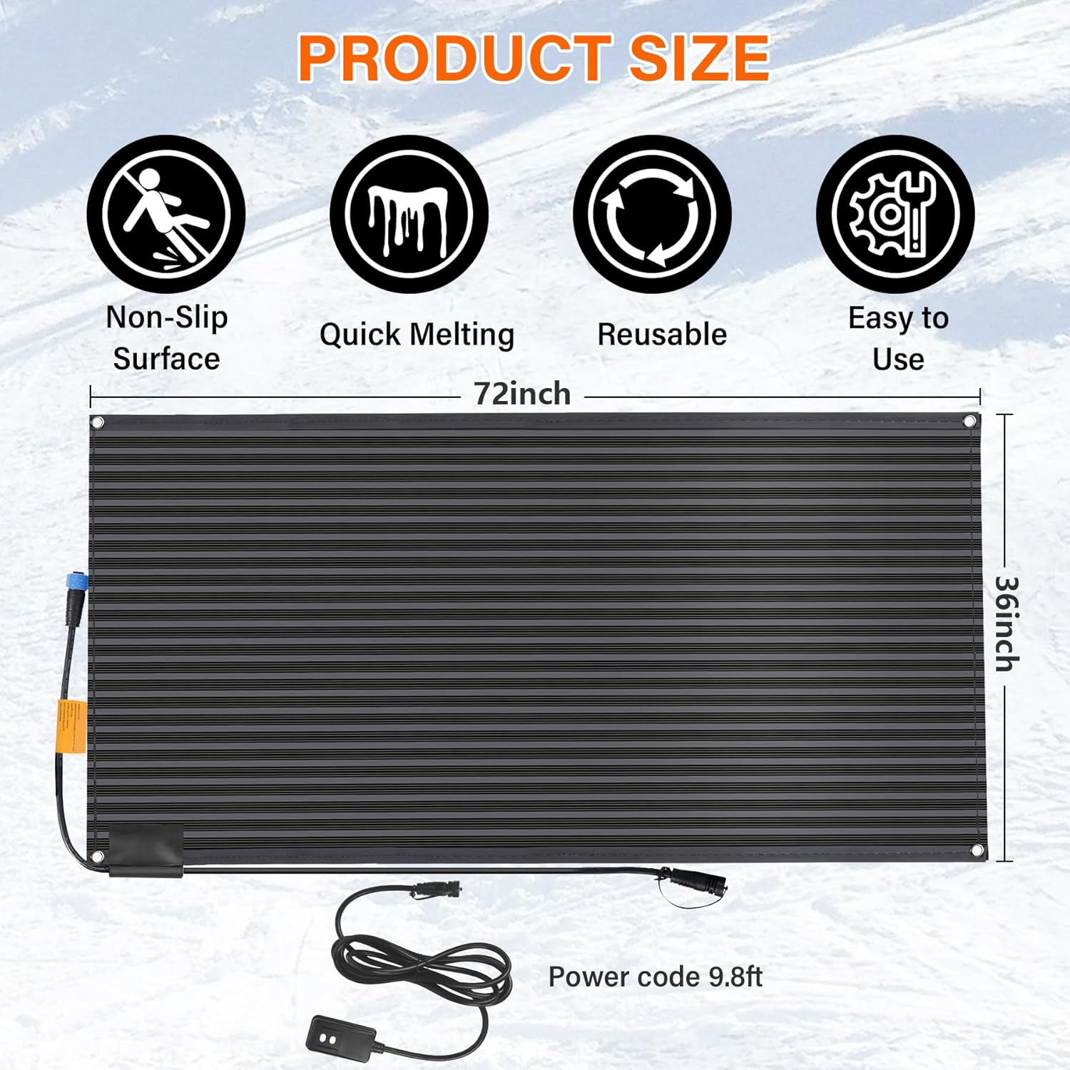Snow Melting Mats Outdoor 36 x 72 inch, Non-Slip Heated Outdoor Mats 730 W 120V, Heated Driveway Mats with UL and ETL Certificate Power Cord, Suitable for Most Entryways