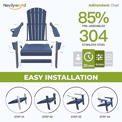 Miniatura 7 de nevilywood Silla Adirondack plegable, respaldo ergonómico extendido, portavasos, fácil montaje, plástico HDPE duradero, resistente a la intemperie y