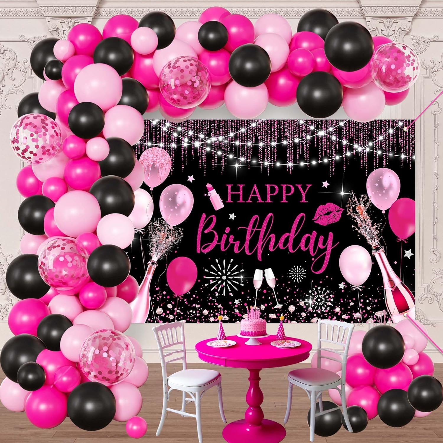 Black Pink Themed Birthday Party Decorations Set - Balloons Arch Garland Suitable for Women, Girls