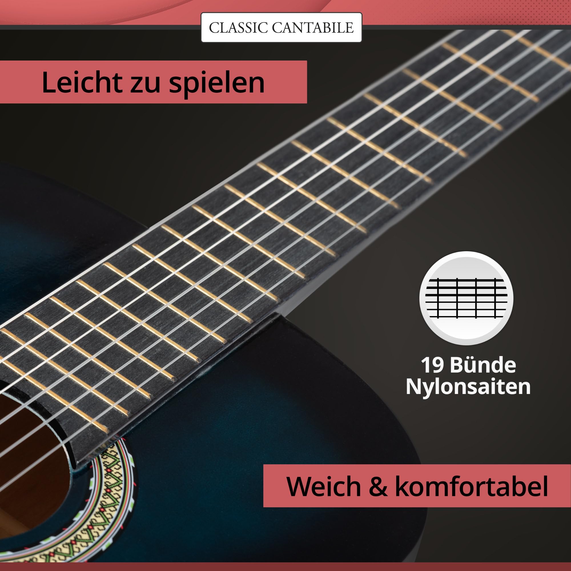 Classic Cantabile Klassikgitarre 4/4 - Konzertgitarre mit Lindenkorpus, Hals aus Okoume & Nylon-Saiten - glänzendes Finish in Blueburst - optimal für Einsteiger und fortgeschrittene Gitarristen