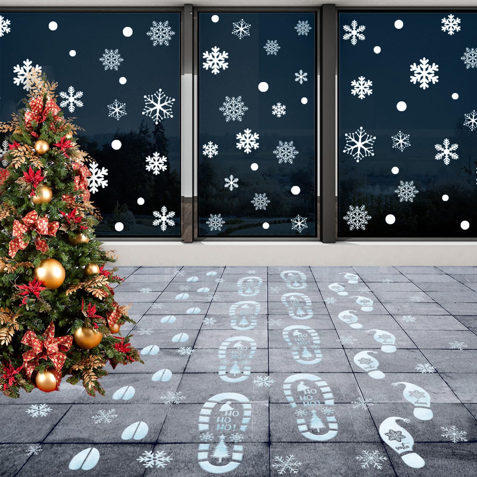 Whaline 14 Sheets Christmas Floor Decals Sticker Decoration Blue Santa Footprint Snowflake Wall Floor Window Clings for Xmas Winter Holiday Party Decor