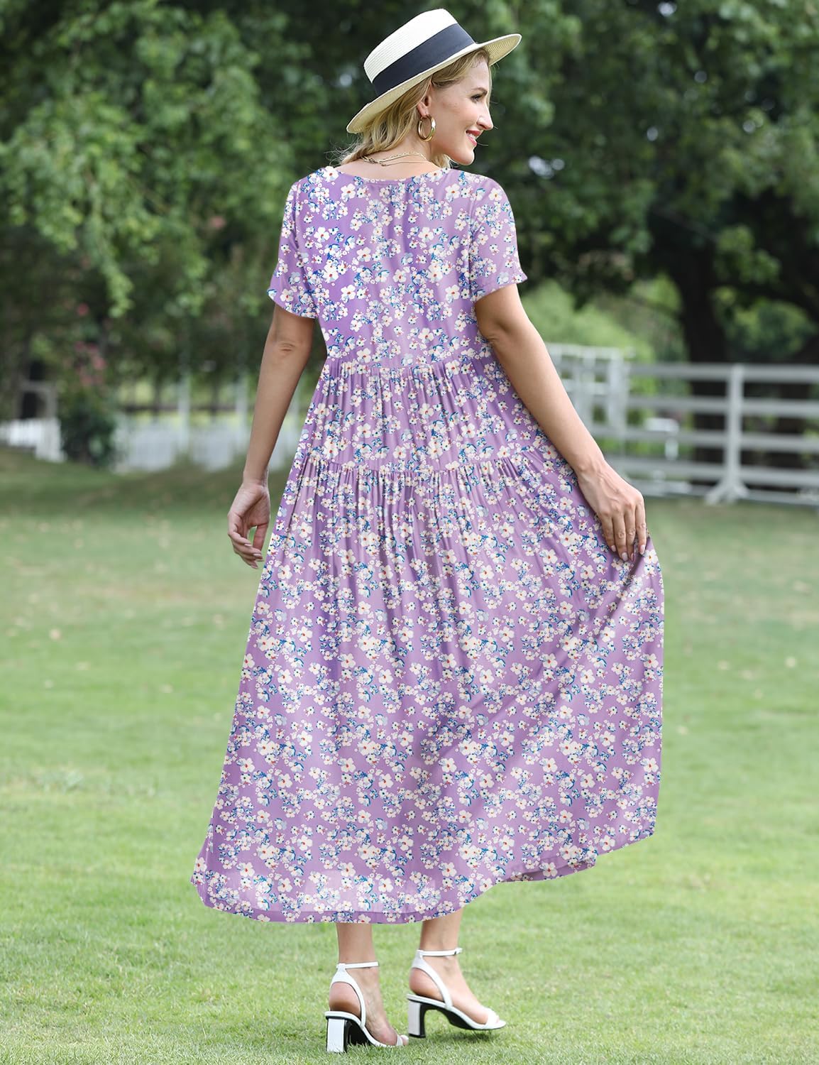 YESNO Women Casual Loose Bohemian Floral Dress with Pockets Short Sleeve Long Maxi Summer Beach Swing Dress EJF - Image 4