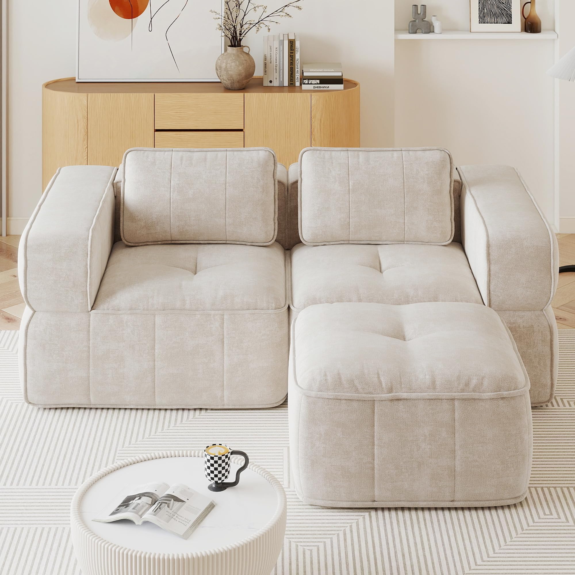 Divano a 2 posti L divano modulare con ottomano in ciniglia beige