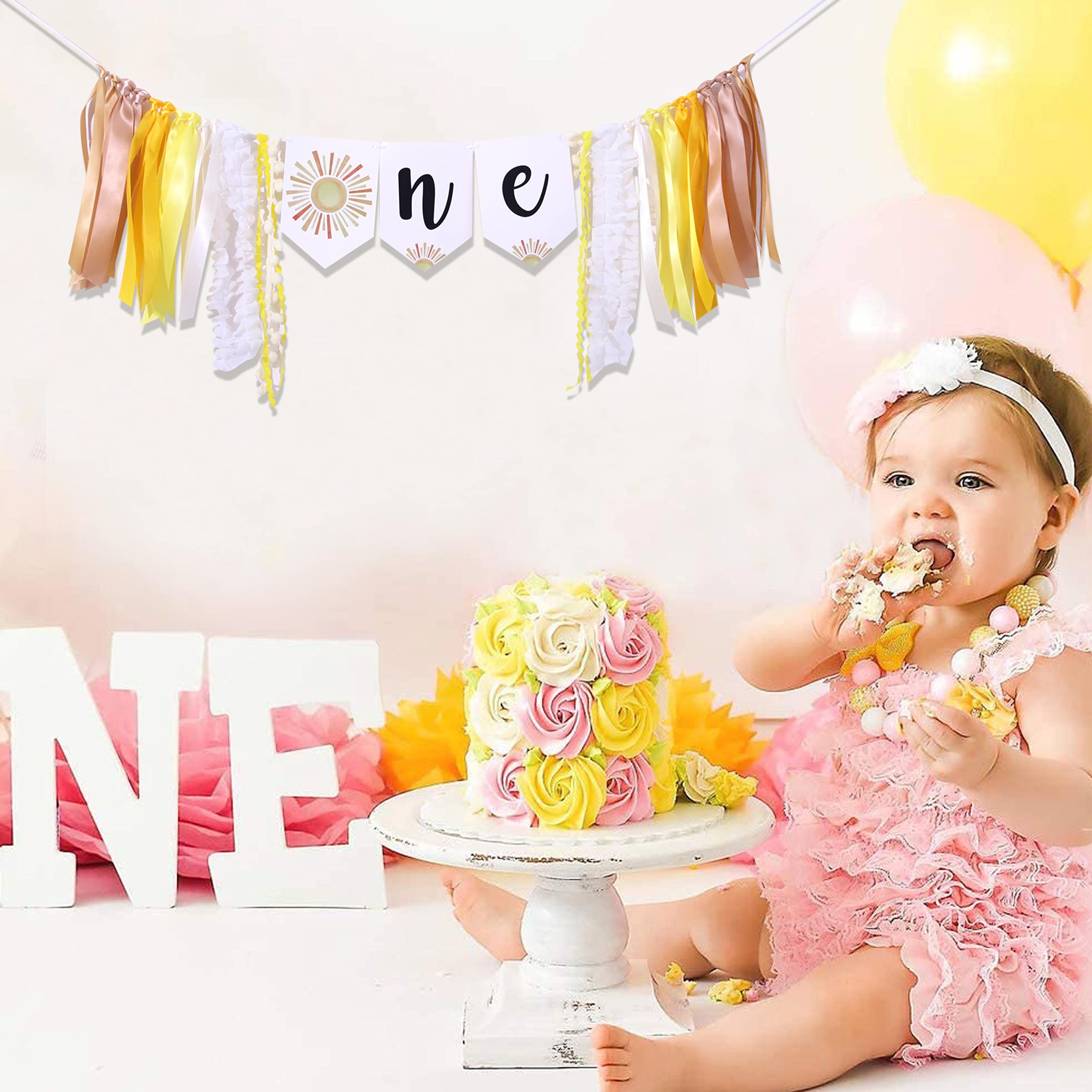 Sunshine High Chair Banner - 'Little Sunshine' First Birthday Decor With Velcro For Highchair (Yellow Sun Design) - View #12