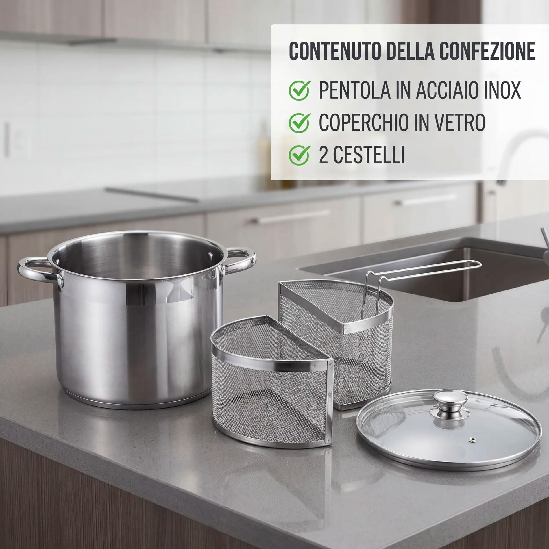 081 Store - Pentola Doppio Cestello con Coperchio 20 cm 6L Acciaio Inox 18/10 | Spaghettiera 2 Cestelli | Fondo Triplo Induzione | Pentola Pasta Professionale