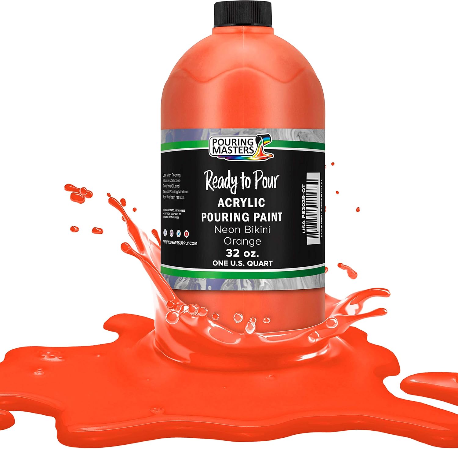 Pouring Masters Neon Bikini Orange Ready to Pour Acrylic Pouring Paint - Premium 32-Ounce Pre-Mixed Fluid Acrylic Paint - Fluid Art Supplies for Canvas, Wood, Paper, Tile & Rocks