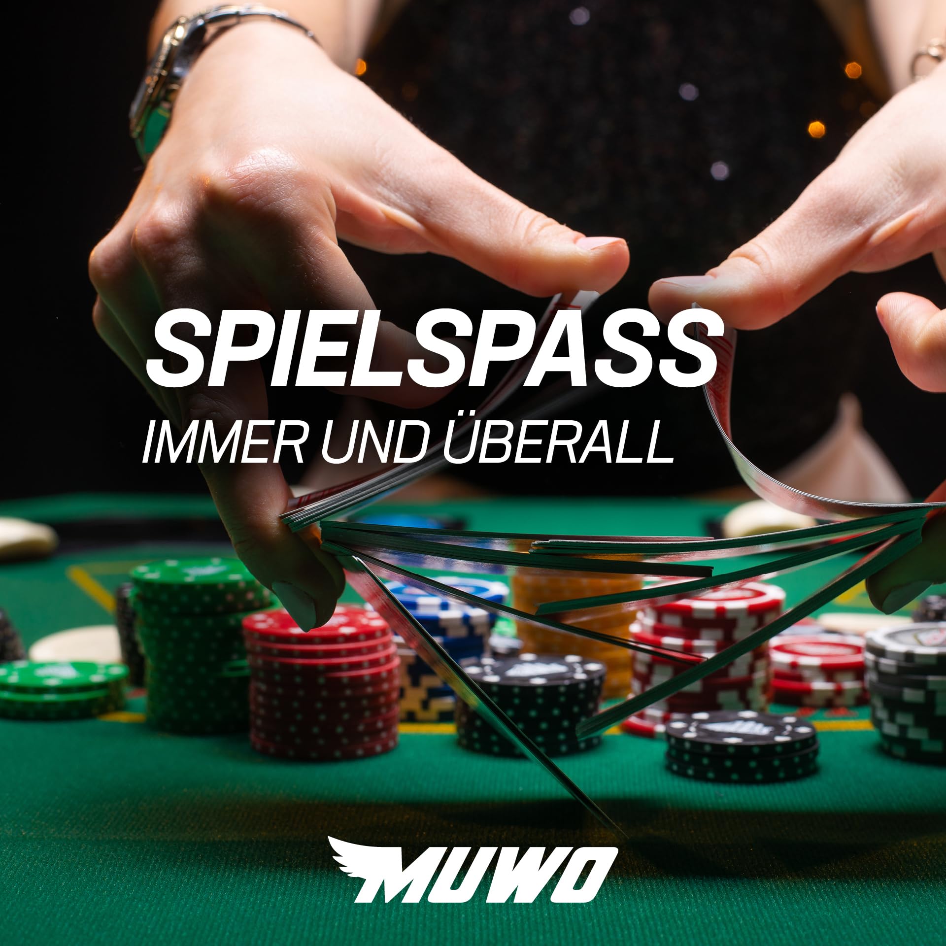 MUWO Pokertisch für 10 Spieler mit Dealerbereich, 500 Chips, Getränkehaltern aus Edelstahl, gepolsterter Armlehne und Filzoberfläche Blau