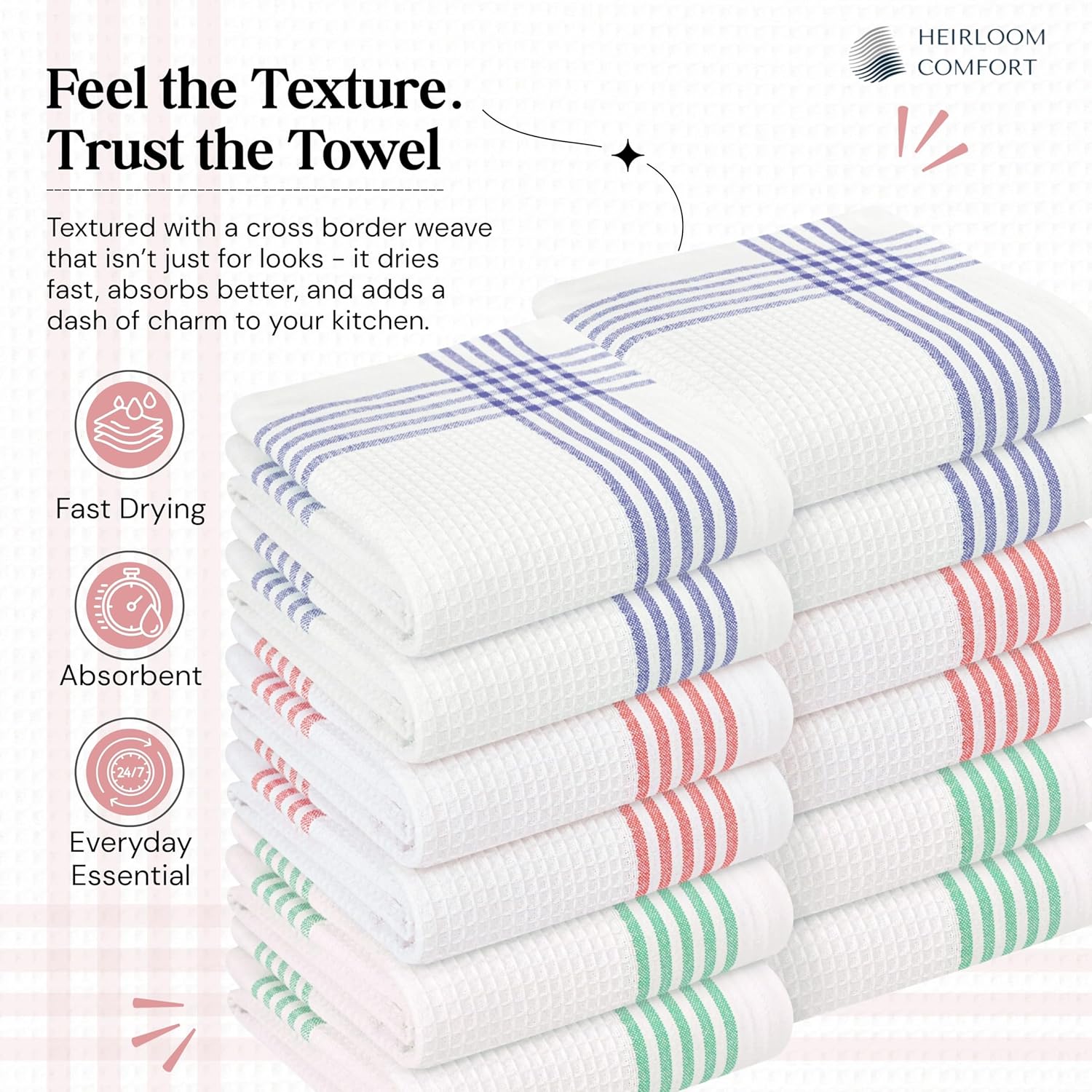 Multicolor Kitchen Towels 12 Pack, 16x26 Inch, Waffle Weave, Quick Dry, Absorbent, Durable Dish Towels for Drying, Cleaning, Cooking, Daily Kitchen Use, Indigo Blue, Red, Dark Green