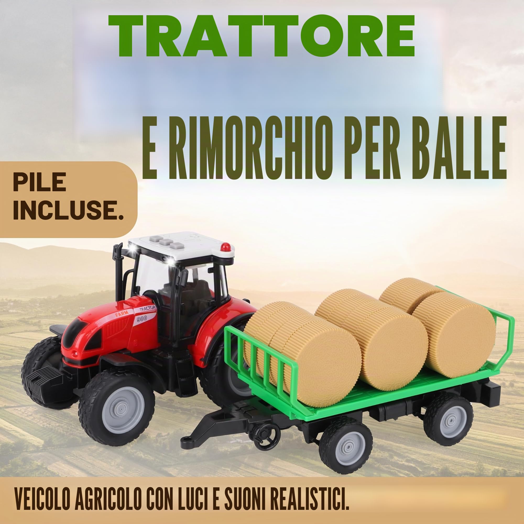Toyland Trattore e rimorchio 37 cm Rosso con luci e suoni - Giocattoli da fattoria per bambini (Trattore e rimorchio a sfere)