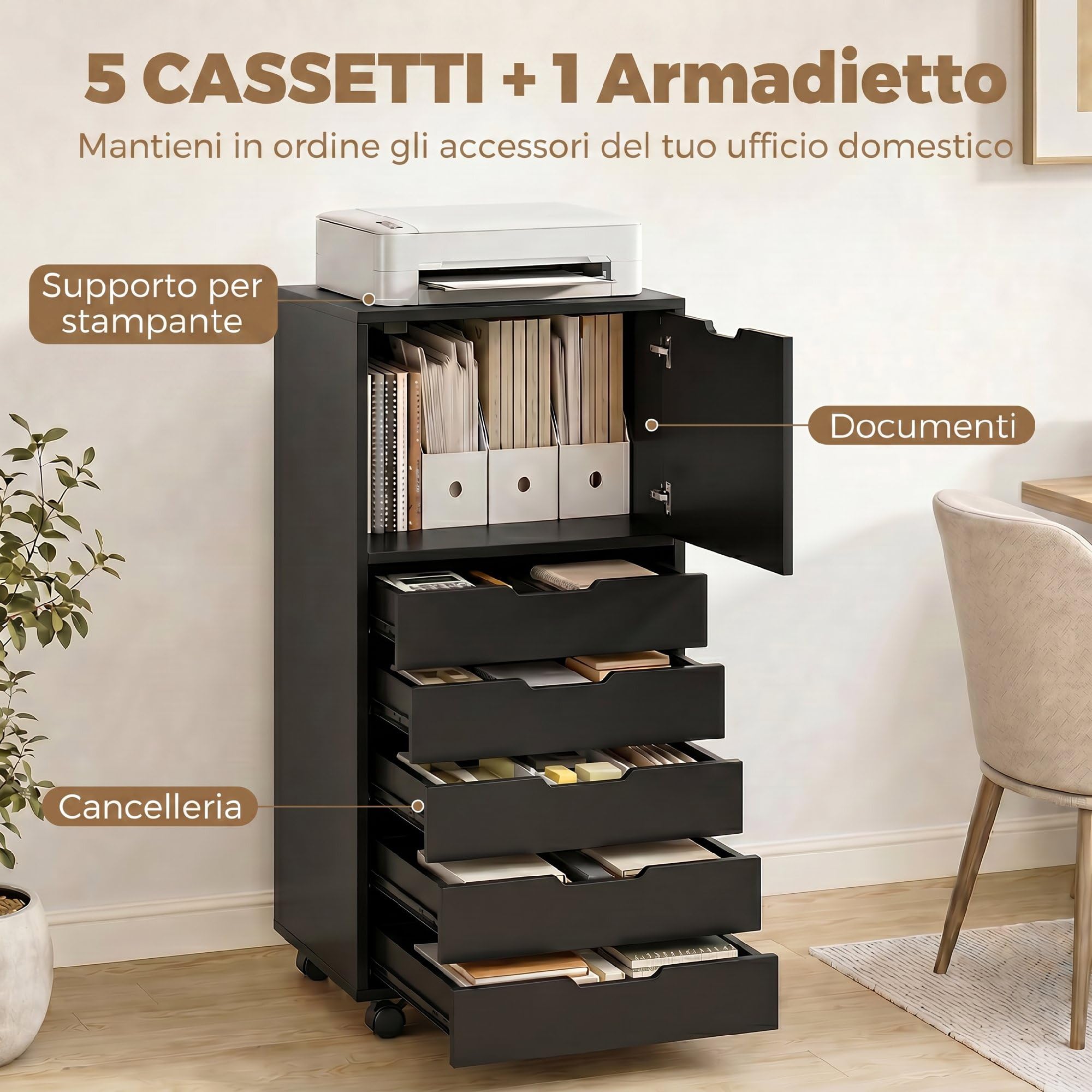 HOMCOM Schedario da Ufficio con 5 Cassetti Soft-Close 48x40x100 cm Nero | Armadio, Ruote a Freno, Cassettiera Scrivania per Documenti, Cassettiera Ufficio per Studio Sotto Scrivania