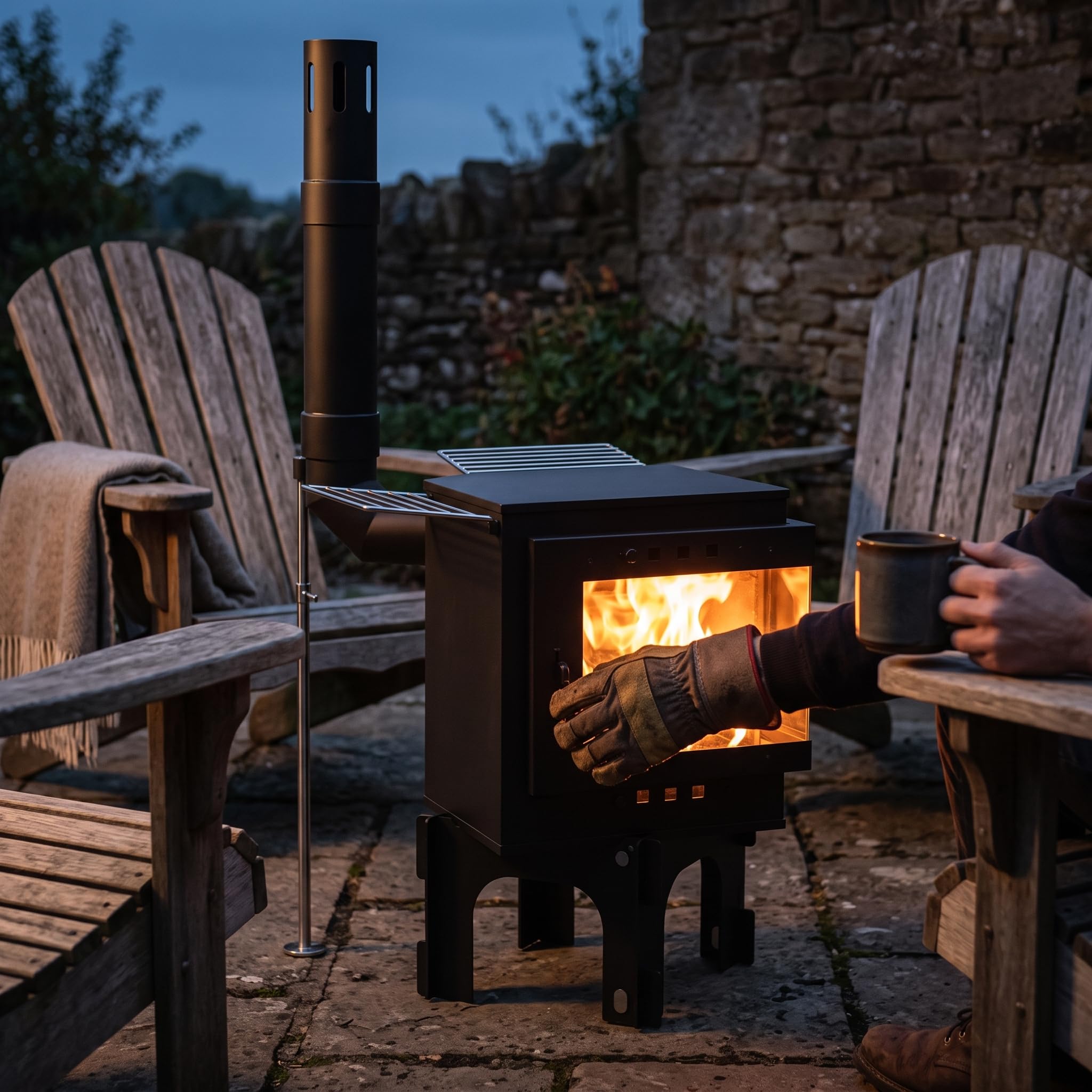 Stufa Multifuel per Campeggio e Giardino, Fornello da Esterno Portatile con Griglia BBQ e Visione del Fuoco