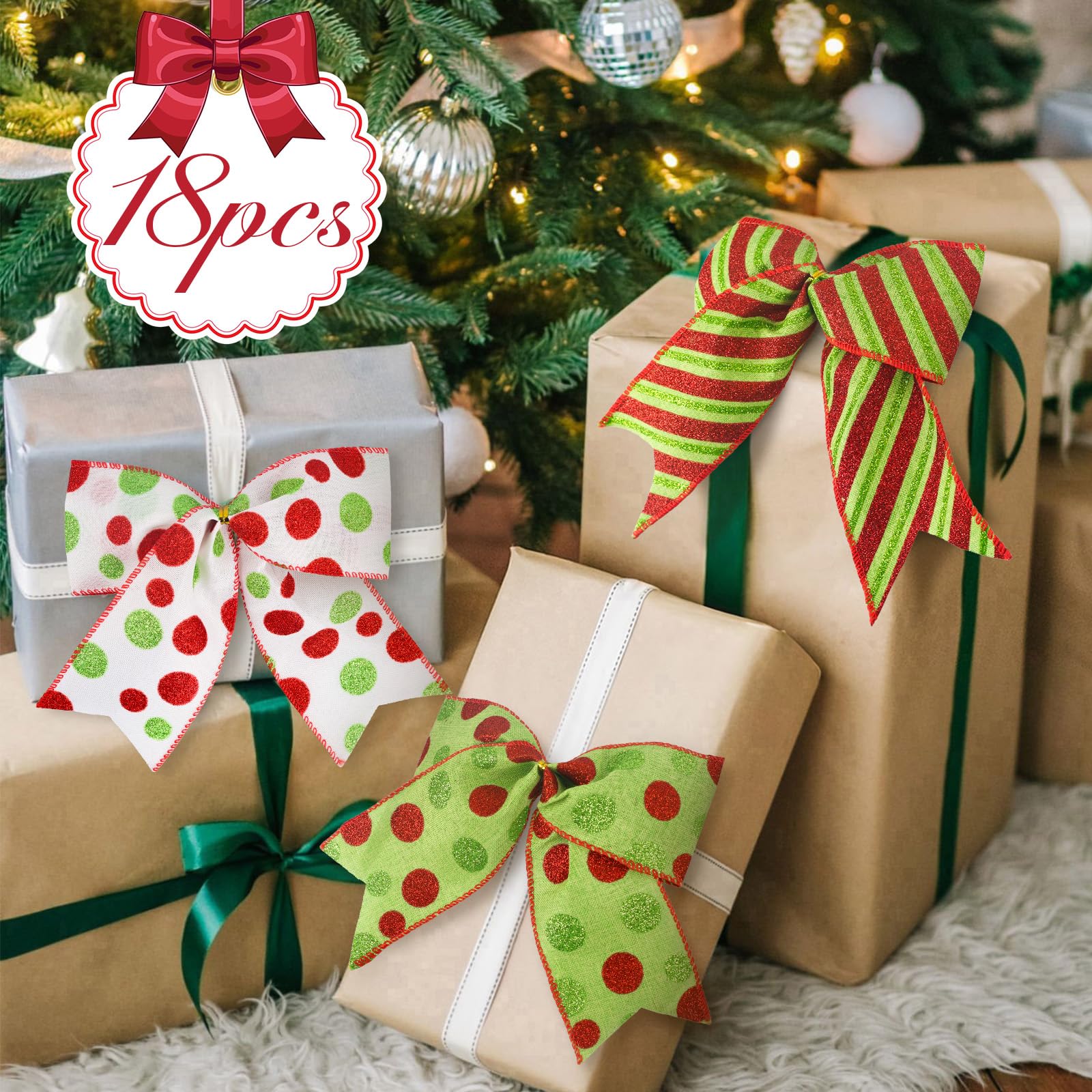 MACTING 18PCS Red Green Christmas Bows 6 Inch Large Christmas Tree Bows for Wreaths Garland Gift Wrapping Christmas Dot Bows Ribbon Ornaments for Holiday Party Crafts Xmas Decorations