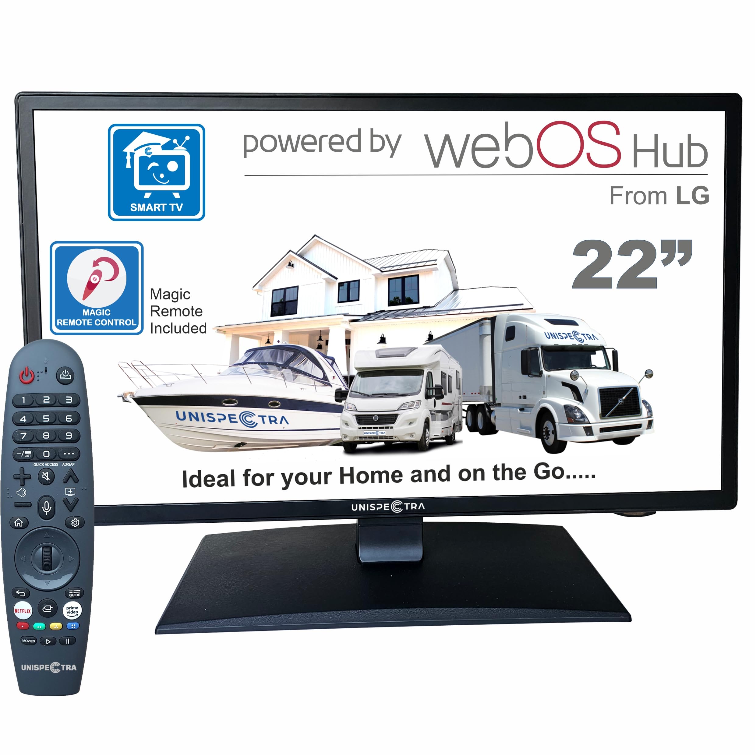 Unispectra ® Smart TV de 22 Pulgadas 12v (webOS) ELED Full HD 240v 24v 12v TV Freeview & Sat sintonizador, 3X HDMI, 2X USB, Magic Remote. Televisores de 12 V para autocaravanas, autocaravanas