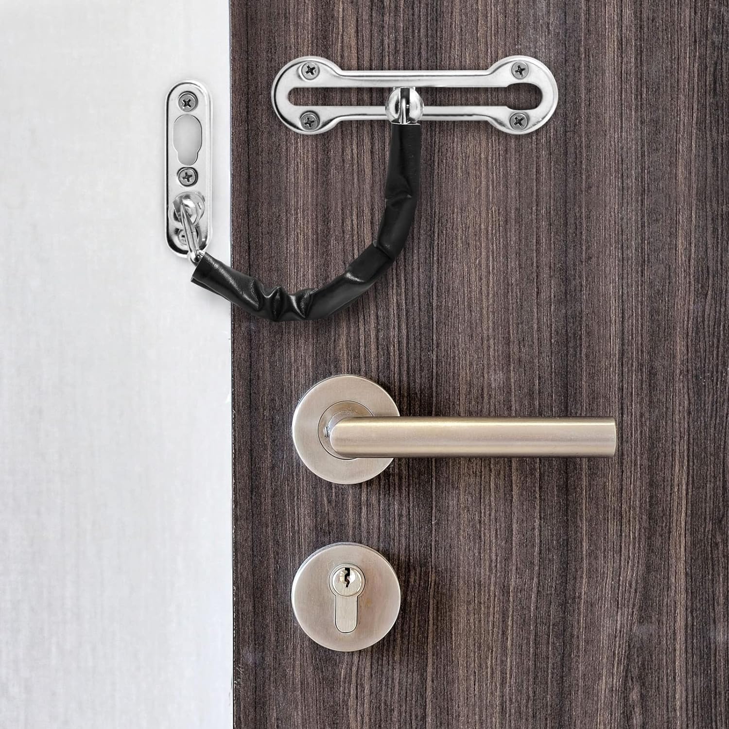 GoodernDoor Chain Lock,Extra-Thick Sturdy Stainless Steel Chain Guard Locks with Screws,Rust-Resistant Heavy Duty Leather Cover Latch Lock Safety Guard Chain for Home Office Anti-Theft Door-Silver