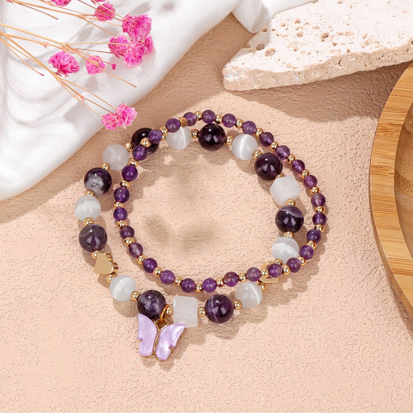 Braccialetto di Ametista per Donna, Braccialetti Anti-ansia con Perline di Ametista, ciondoli a Farfalla, Braccialetti a Strati di Pietre per Donna