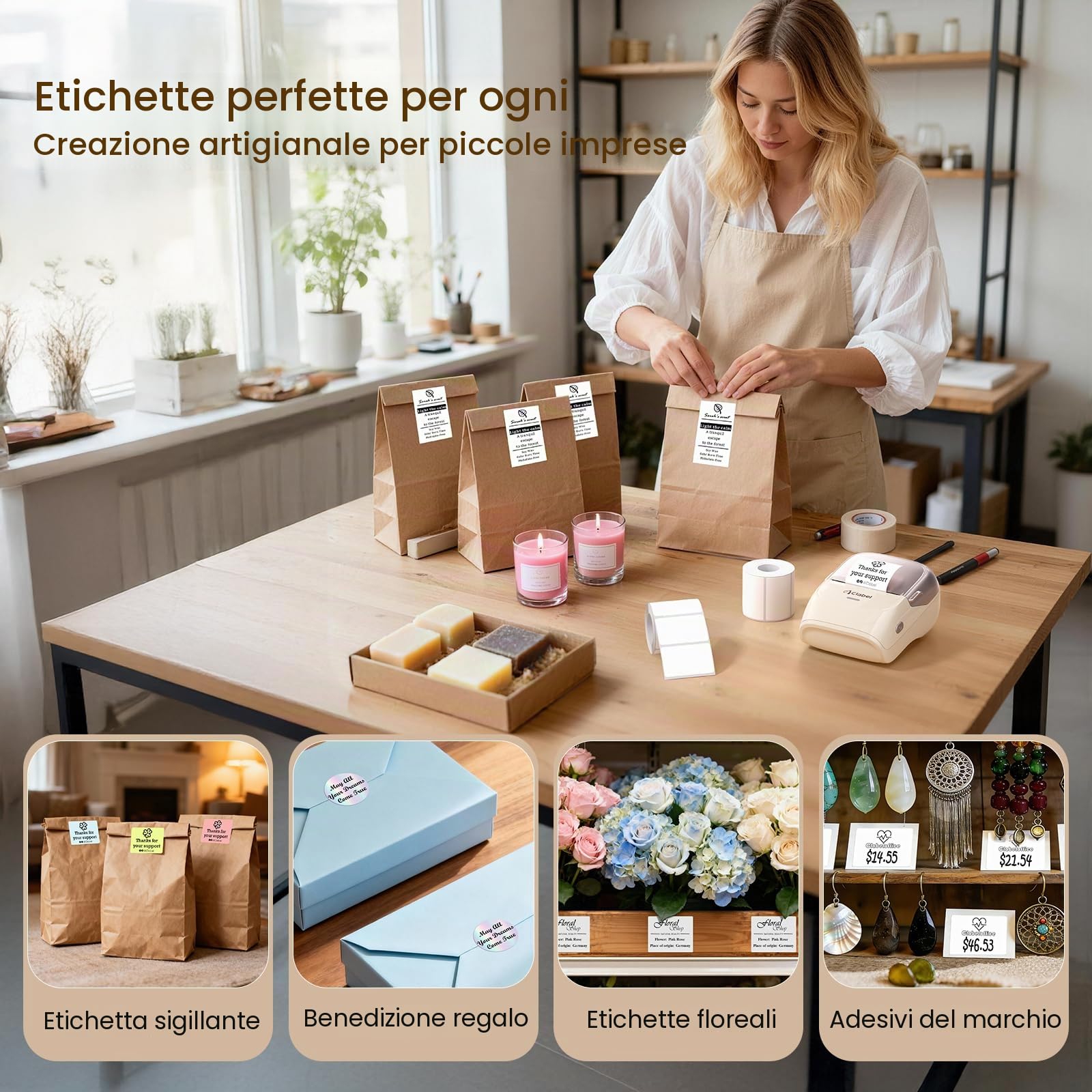 CLABEL 221B Stampante per etichette Bluetooth portatile, etichette a cuore per confezioni regalo | Etichette termiche impermeabili 48×38 mm, 180 pezzi/rotolo, senza inchiostro, design a cuore a 4 colo