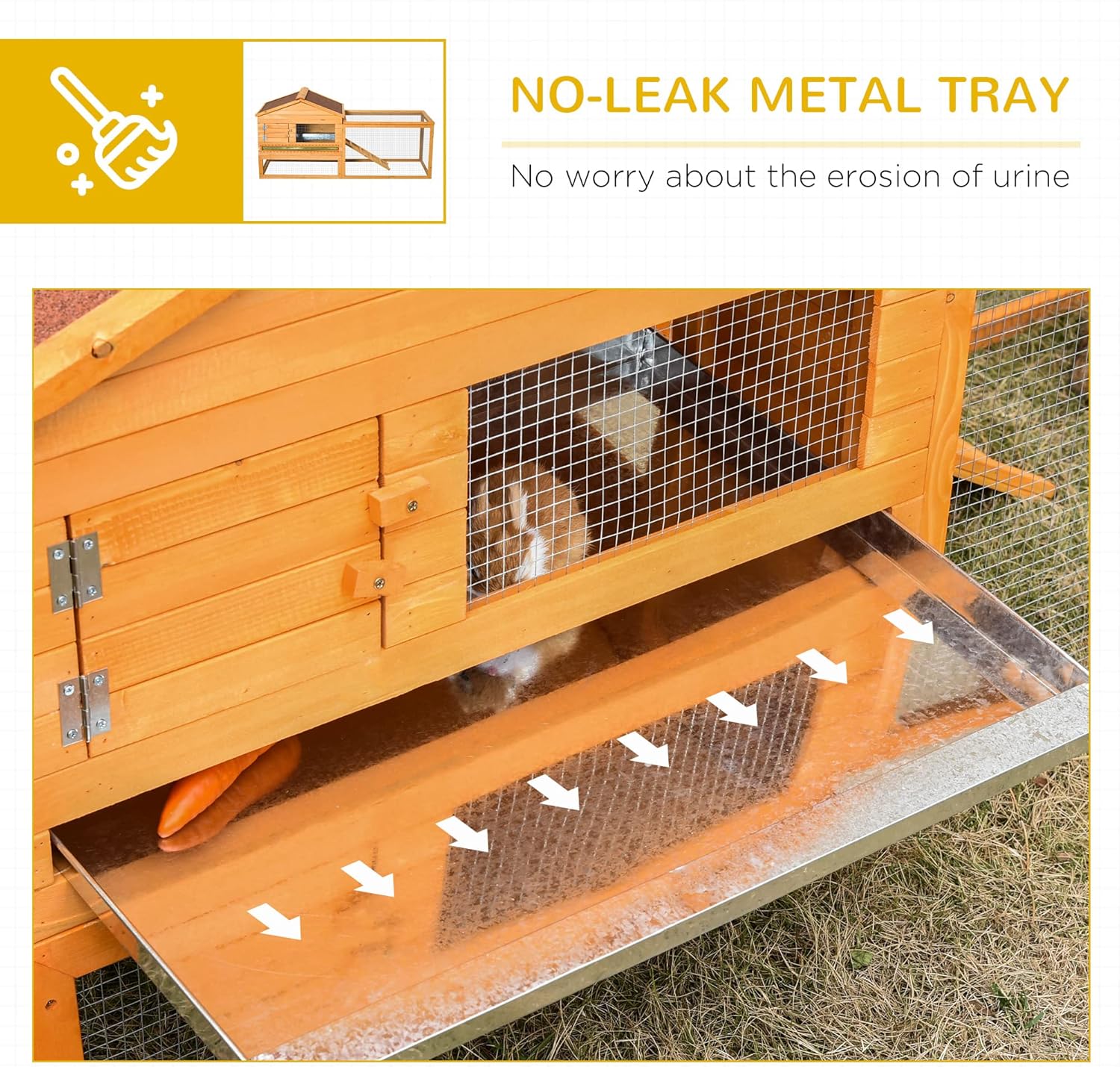 Close-up of the no-leak metal pull-out tray for easy cleaning