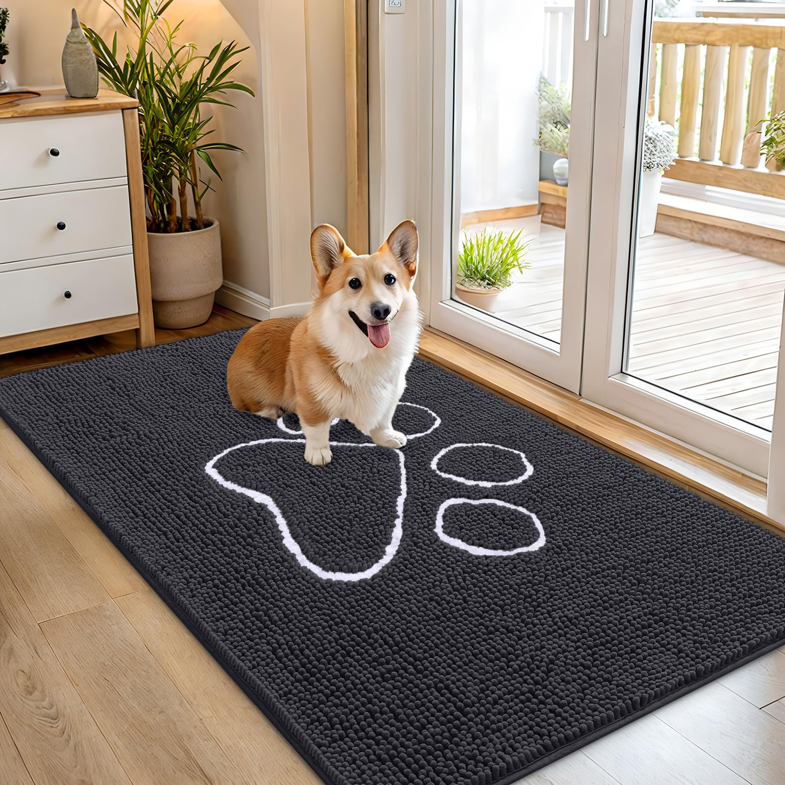 OLANLY Dog Door Mat for Muddy Paws 54x32, Paw Print Design Chenille Mud Mat