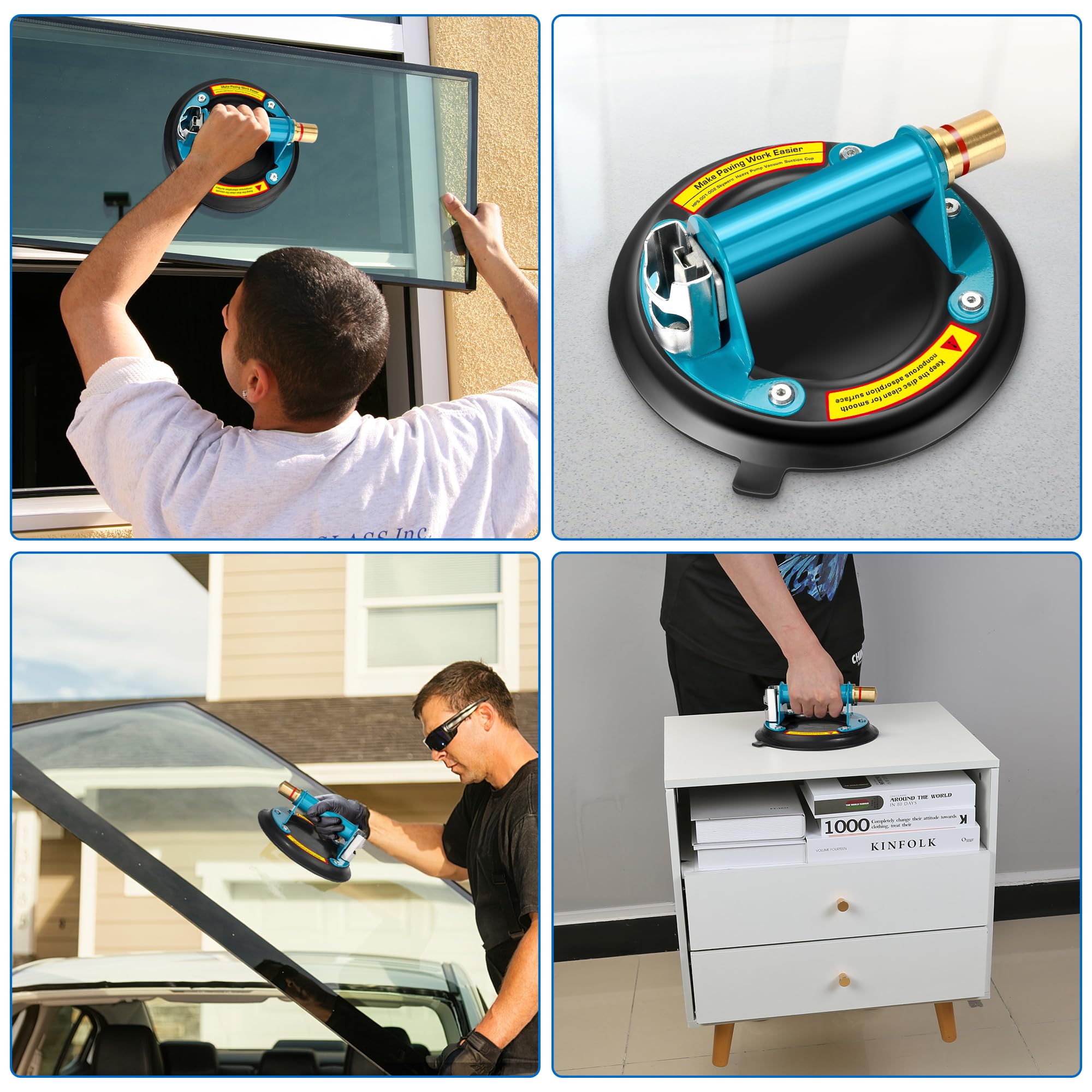 2 Pack Heavy Duty Vacuum Suction Cup With Metal Handle And Brass Pump, Hand-held Lifter For Glass, Granite, Window, 480lbs Load Capacity, Free Carrying Case