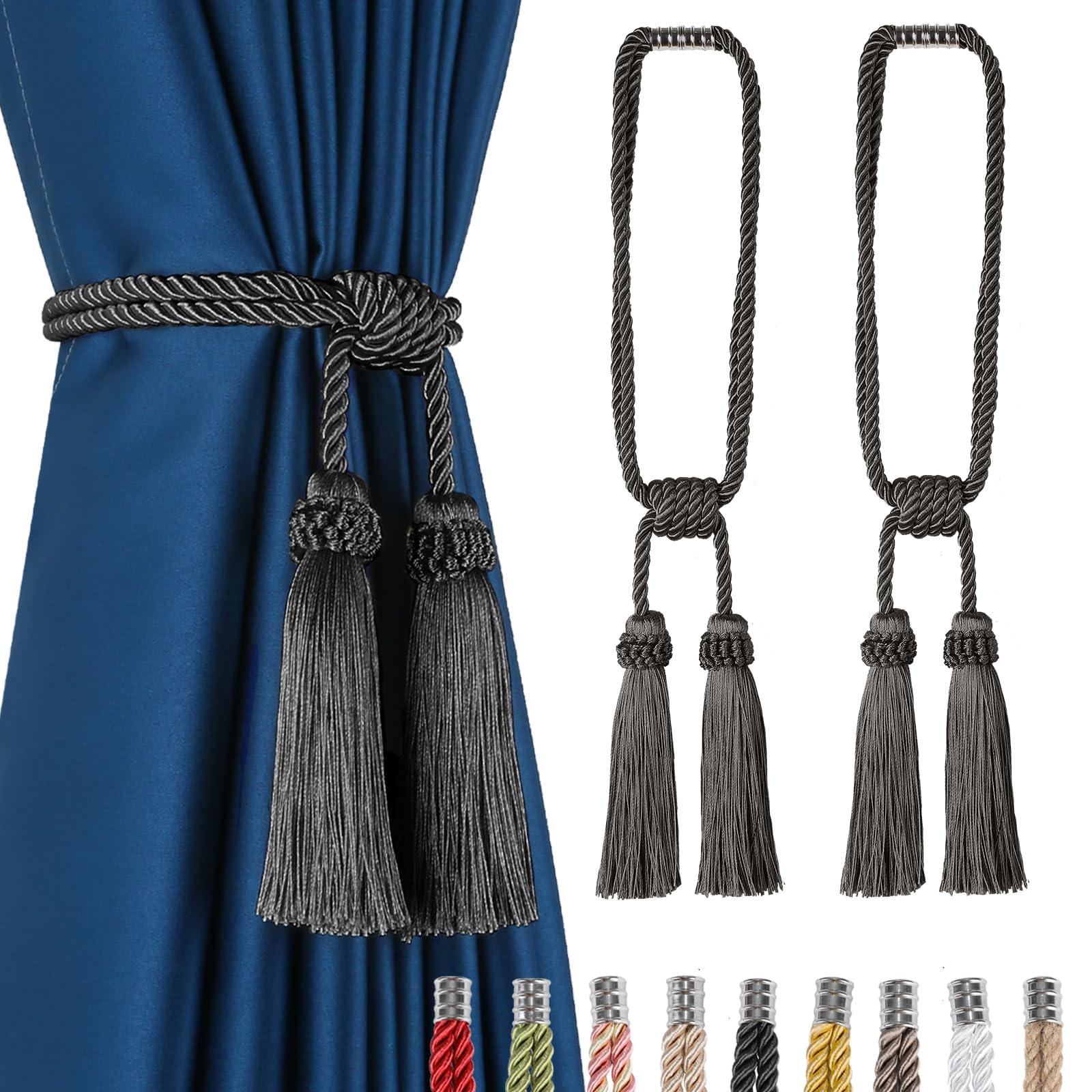Fenghuangwu Magnetic Curtain Tiebacks 4Pack Tassel Curtain Tieback Modern Handmade Tie Backs,Decorative Tassel Holdback for Draperies,Window Decor (2, Charcoal)