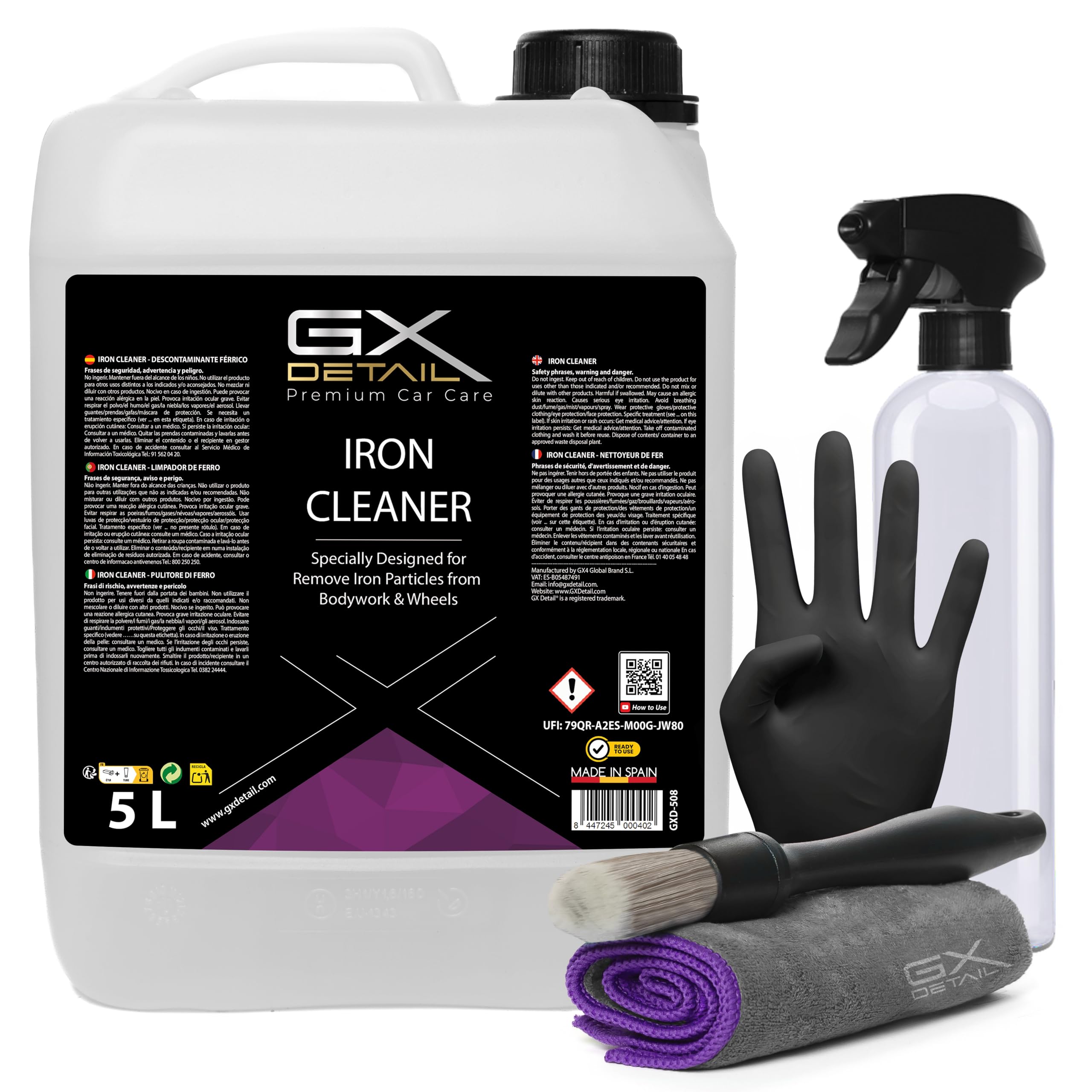 GxDetail Descontaminante Férrico para Llantas y Carrocería 5 Litros - GxDetail – Fórmula Avanzada – Limpiallantas sin Frotar - Elimina Ferodo y Grasa – Limpiador de Uso Rápido – No daña Pintura