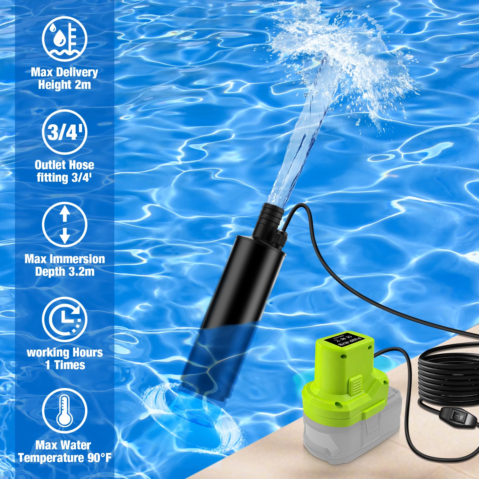 Pompe submersible pour eaux usées RYOBI - Batterie 18 V - Pompe à eau plate - Pompe d'aspiration - Pompe d'aspiration - Pompe de piscine - Gardena, cave, piscine, arrosage du jardin, mini pompe