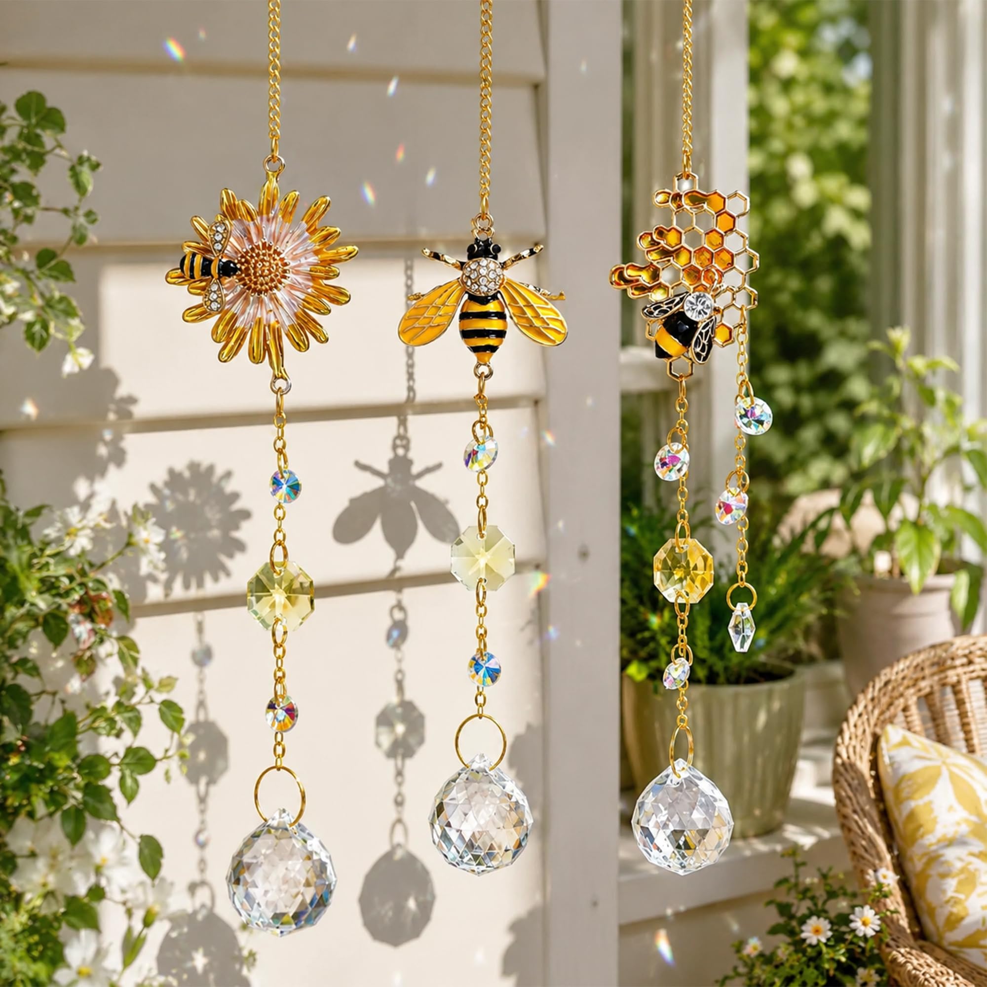 H&D HYALINE & DORA 3 Pack Sun Catcher Crystal Honeycomb Bee Ornaments Crystals Bumble Bee Honeycomb with Glass Prisms Decor Garden Suncatcher Window Hanging Gifts for Women,Bee Lovers โ image 1