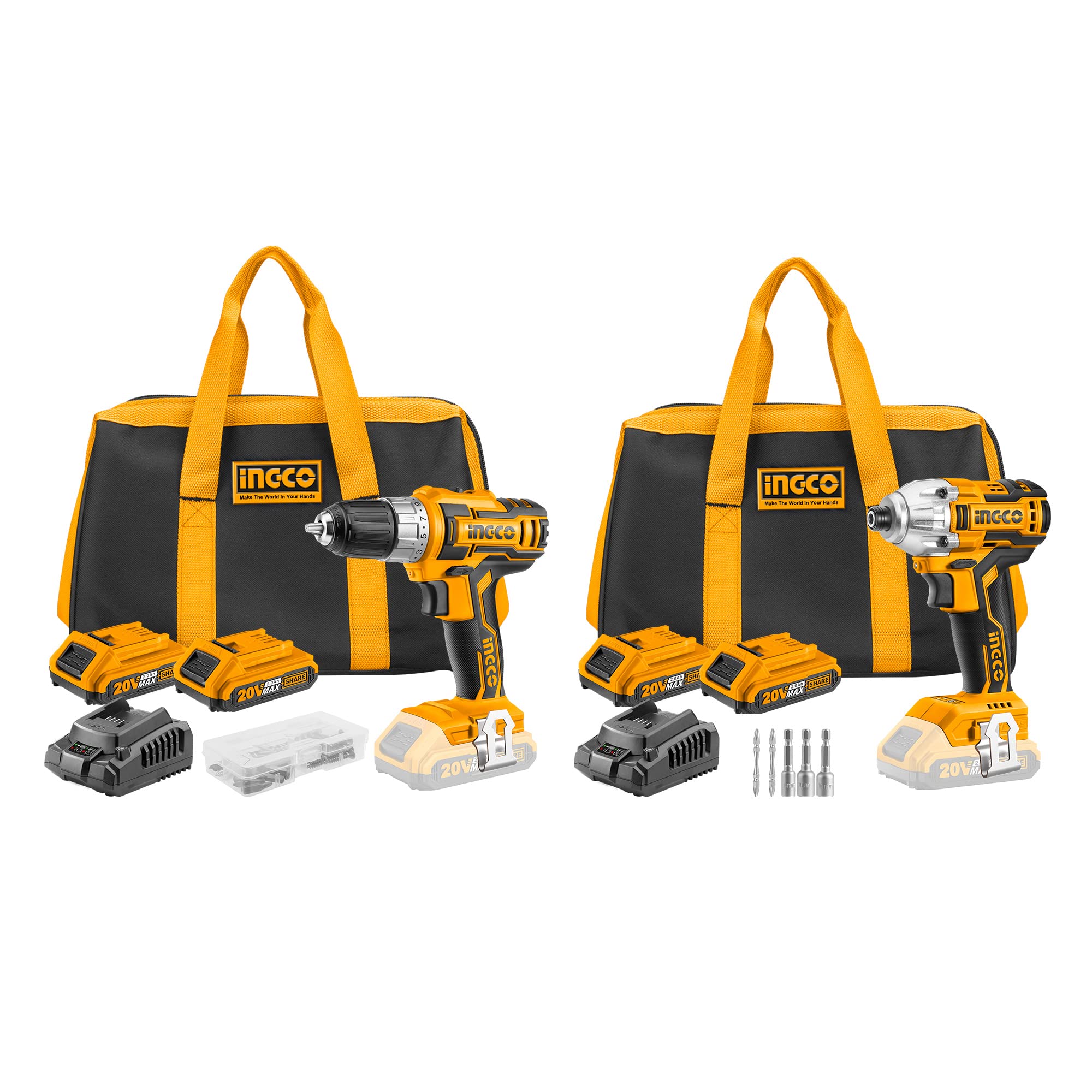 INGCO 20V Kit Inalámbrico 45NM Taladro Atornillador y Destornillador de impacto con 4x 2.0Ah Bateria CDLI2002+CIRLI2002