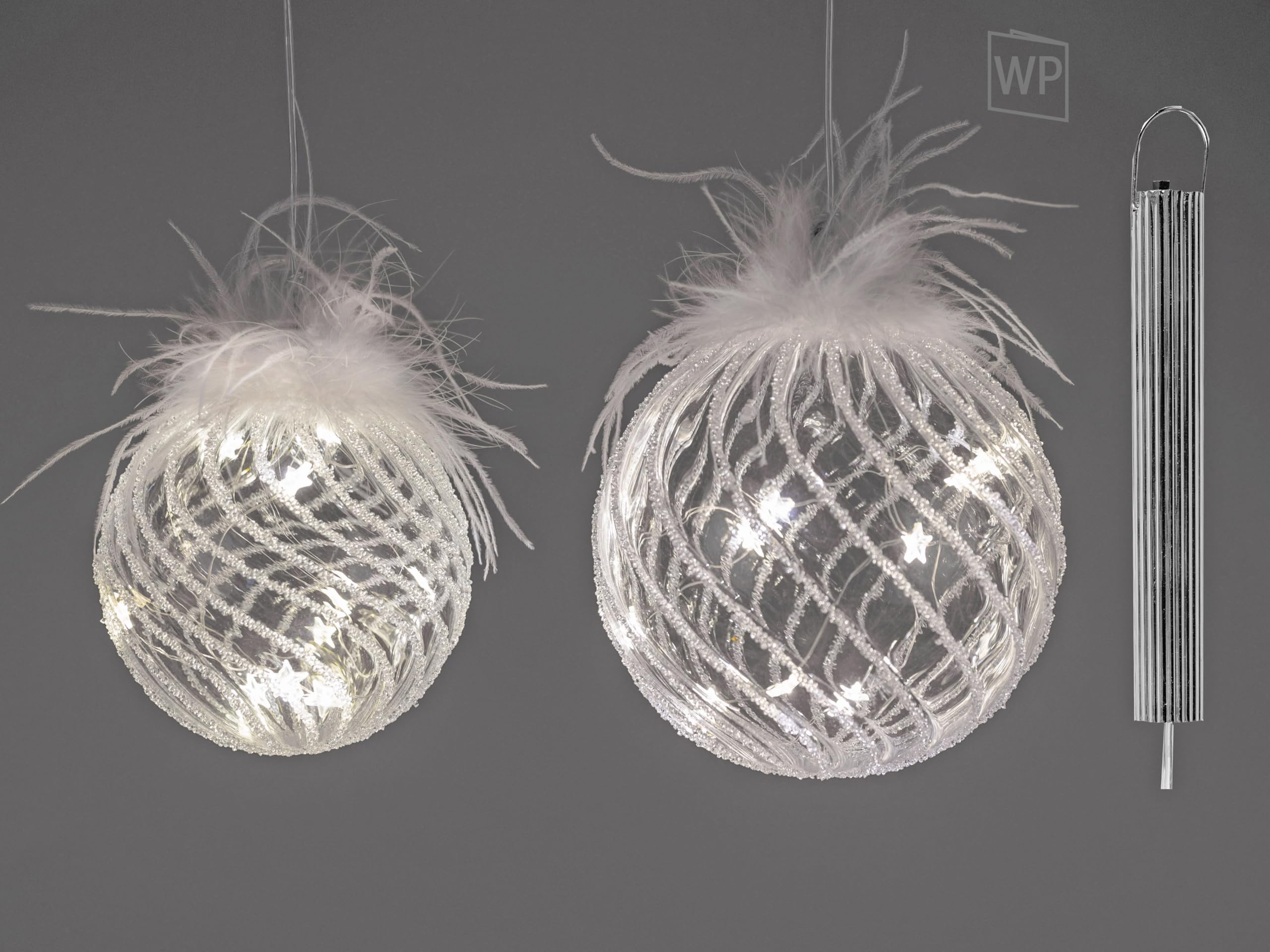 LED Hänger Kugel aus Glas mit Timer Winterdeko mit Federn - Stimmungslicht mit Batteriebox - Hängedekoration beleuchtet für Weihnachten, Fenster & Festliche Winterzeit (12 cm)