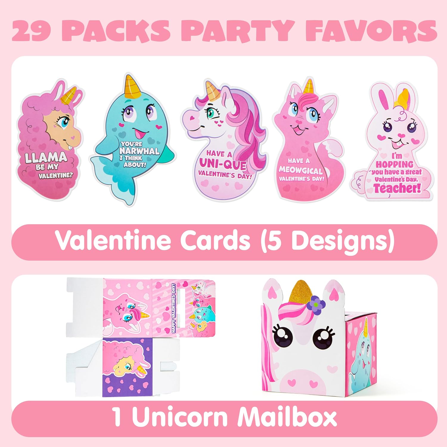 JOYIN Valentine Boxes Unicorn Classroom Mailbox with Cards for Kids Party Favor, School Classmates Exchange Prizes, 29pcs