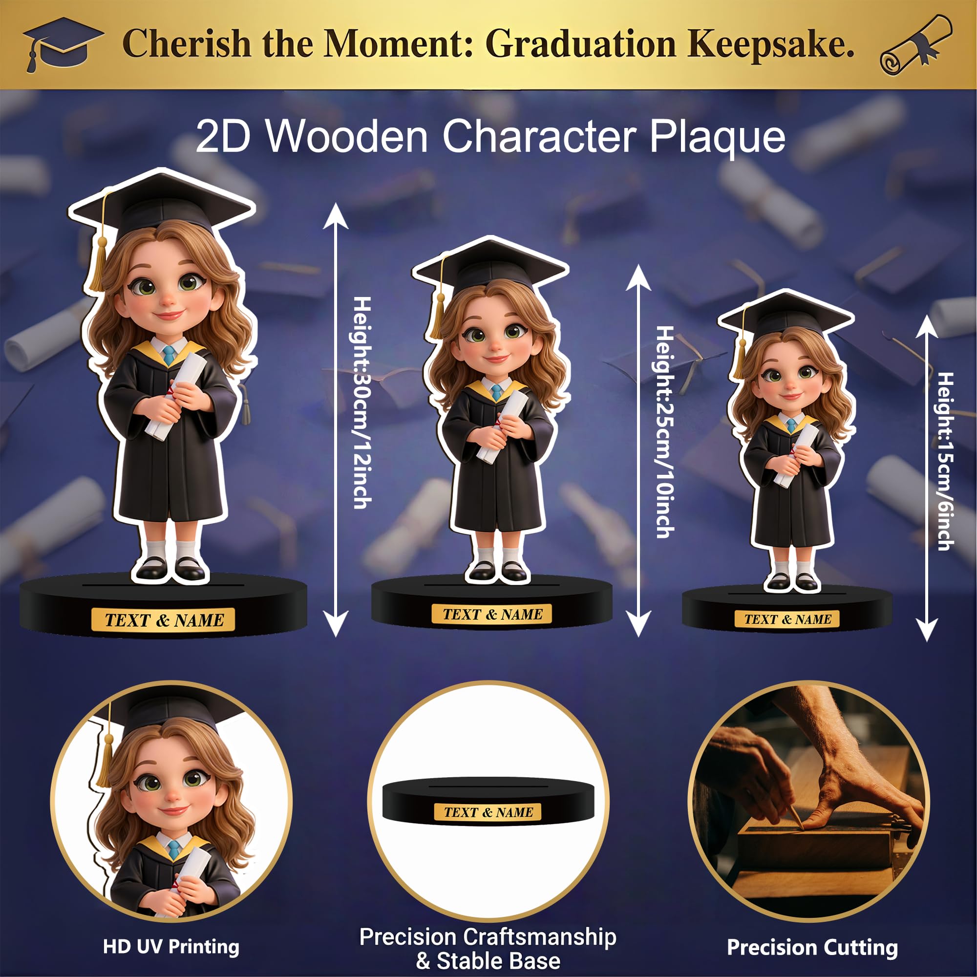 Figura de Madera con Foto en 2D para Graduación - Regalo Personalizado con Retrato de Dibujos Animados