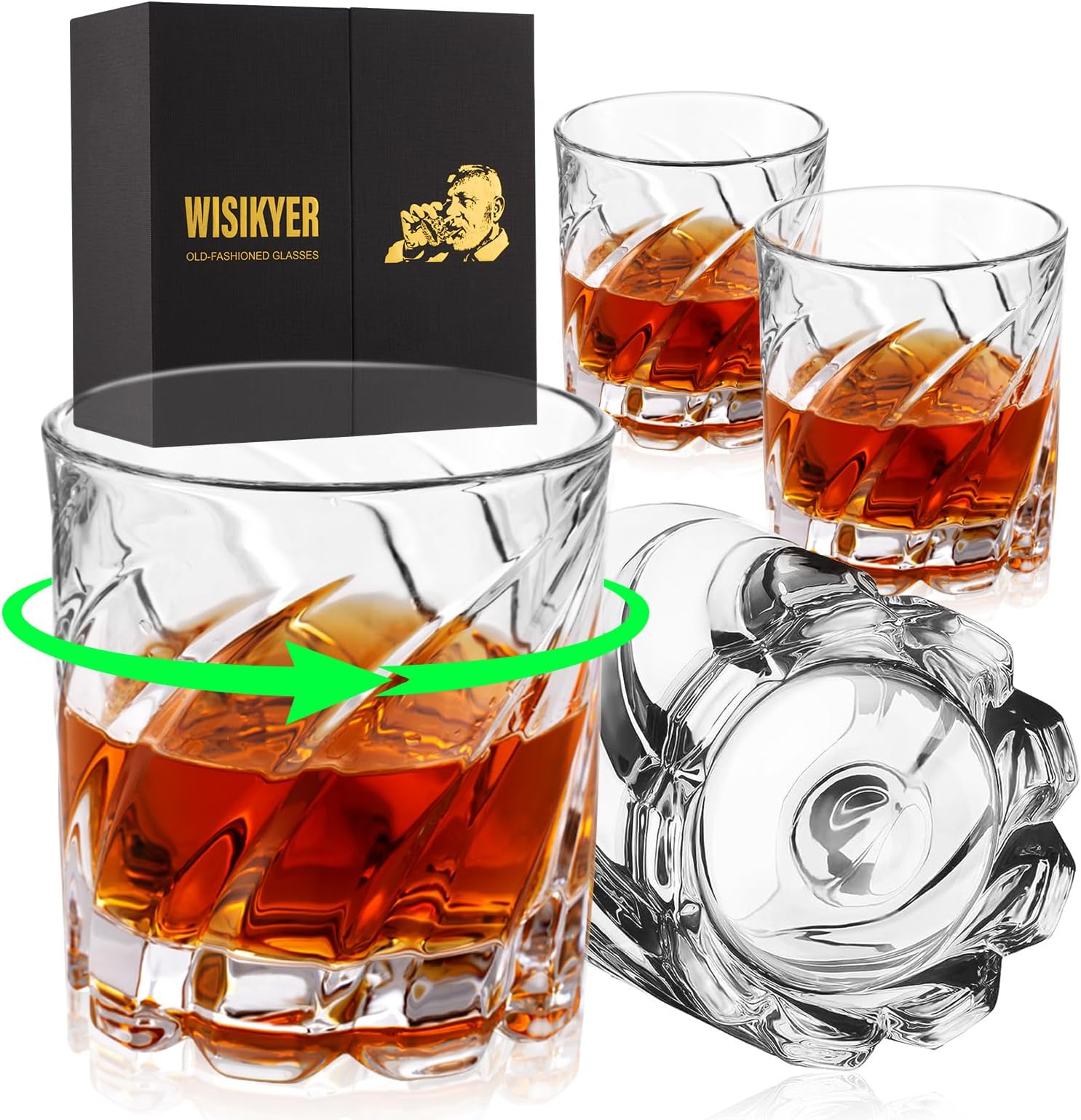 WISIKYERWhiskey Glasses Set 4, Spinning Bourbon Glass with Luxury Box Rotating Old Fashioned Rocks Glass Gifts on Birthday/Retirement/Anniversary, Scotch Glass Cup Gifts for Men