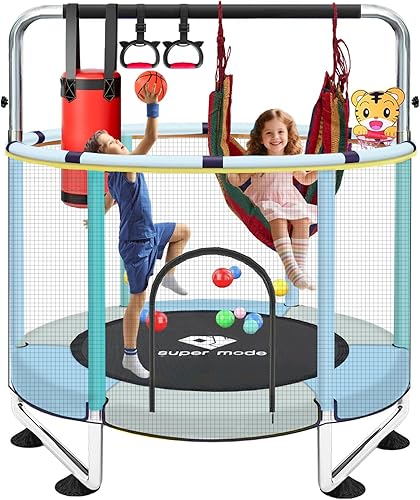 Trampolín de 55 pulgadas para interiores y exteriores para niños con recinto, trampolín para niños pequeños con barra de gimnasia ajustable y Azul