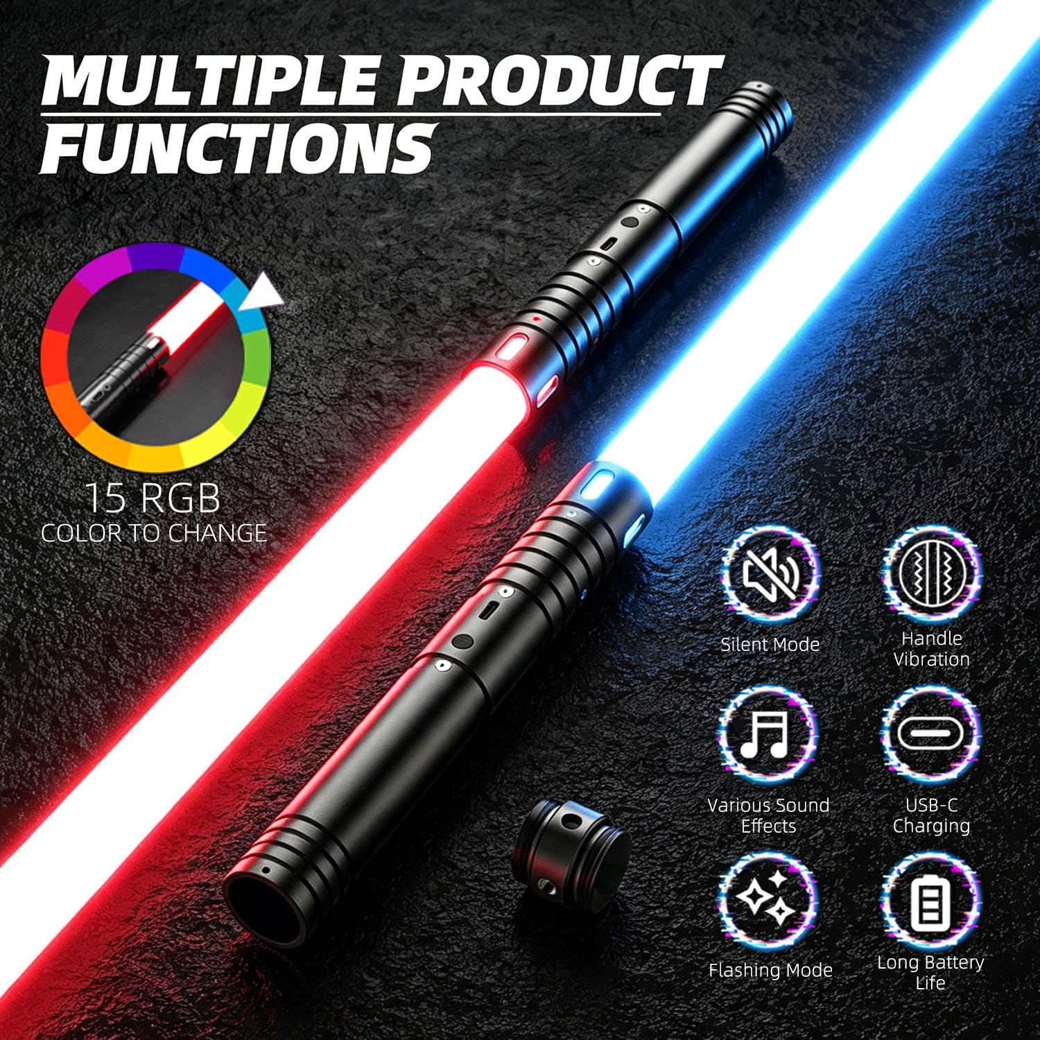 Laserschwert Kinder, 2-in-1 Lichtschwert mit 15 Farben, Duell Lightsaber mit 4 Modi und Sounds, USB-C Aufladbar Lichtschwerter, FX Laserschwert für Kinder Party, Geschenk, Cosplay (schwarz 2pc)