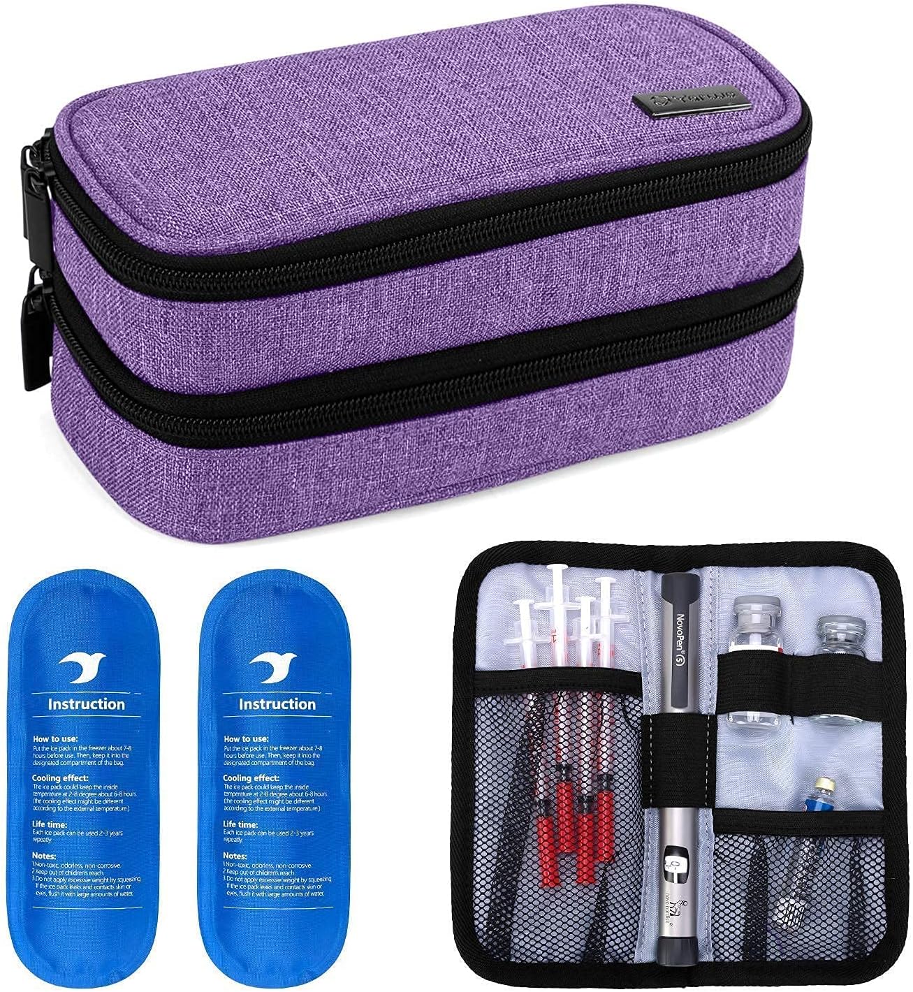 YARWO Insulin Cooler Travel Case, Single and Double Layer Diabetic Travel Case with 4 Ice Packs Bundle for for Insulin Pens, Blood Glucose Monitors or Other Diabetes Care Accessories, Purple : Health & Household