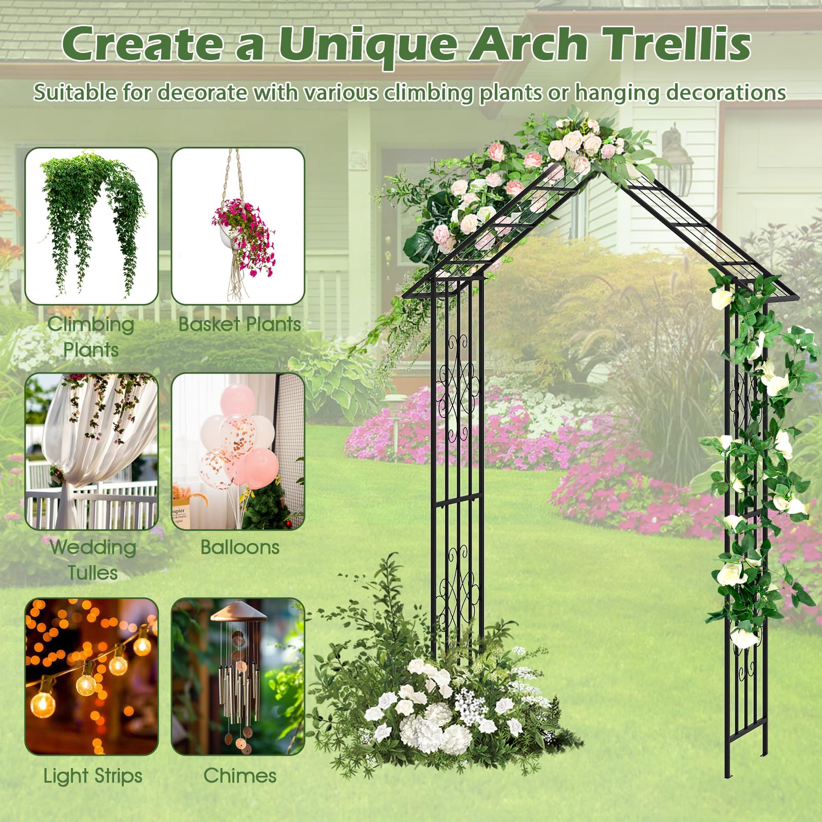 HOMASIS Arco da giardino in metallo, per rose e piante rampicanti, supporto per piante rampicanti, con 4 picchetti per matrimoni, giardino, feste, tralicci, traliccio, rose, supporto per piante, 140 x