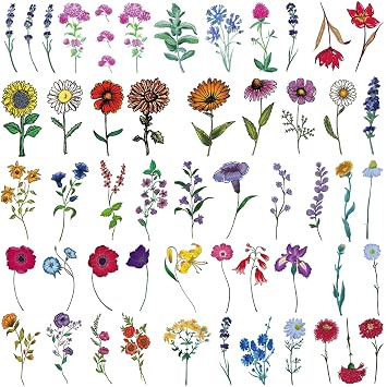 Tazimi 12 Sheets Watercolor Flower Temporary Tattoos Stickers | Lavender Sunflower Violet Rose Floral Fake Tattoos, Waterproof Body Art Stickers for Women Girls Kids