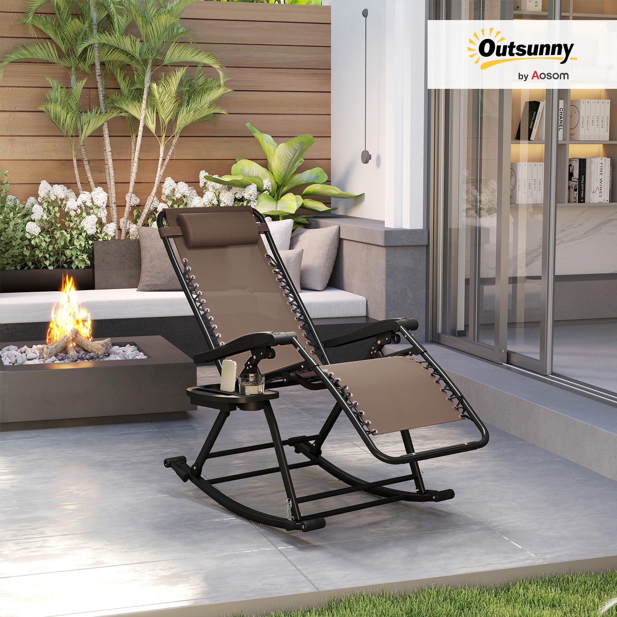 Mecedoras para exteriores, plegables, reclinables, de gravedad cero, con almohada, portavasos y soporte para teléfono, diseño combinado con patas plegables, color marrón 2