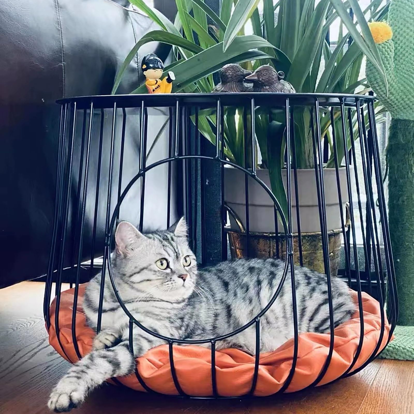 Round Coffee Table, Cat House End Table, Nightstand Pet Side Table with Cat-Sized Hole, Cocktail Table with Metal Frame, for Living Room, Bedroom, Apartment, Storage Pet Cabinet ( Color : Gold )