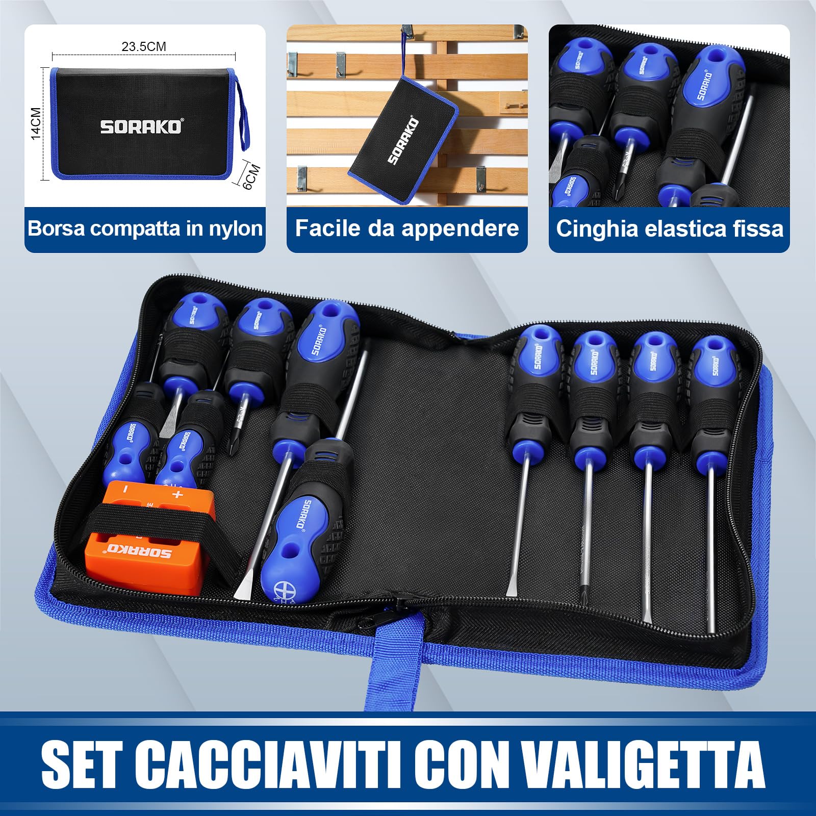 SORAKO Set cacciaviti da 11 pezzi, Con smagnetizzazione 2 in 1, Borsa in nylon ad alta densità, punta magnetica, impugnatura professionale antiscivolo, con 5 punte piatte, 5 punte a croce