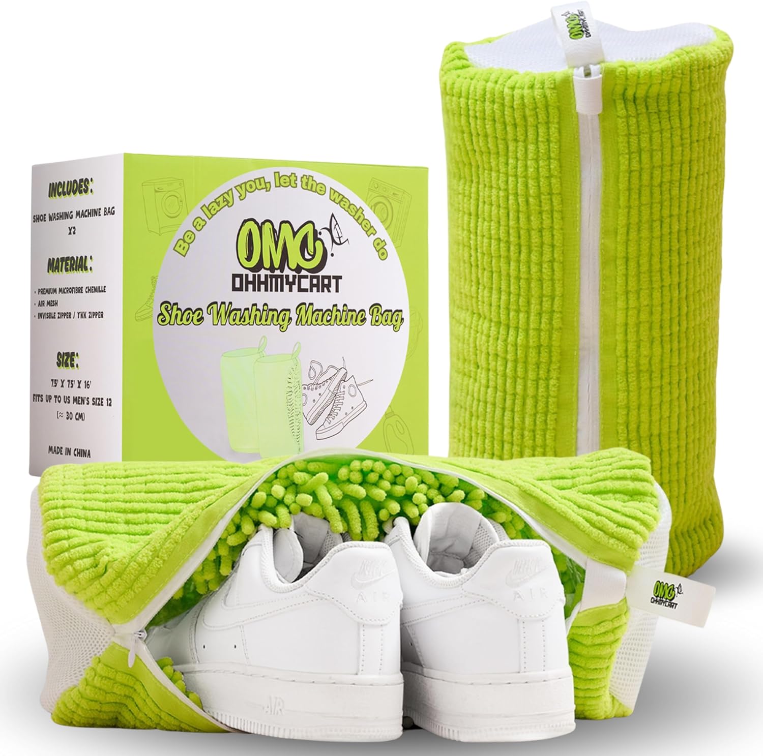 Shoe washing machine bag- Laundry Shoe Bag for washer and dryer, Protective Chenille Mesh Shoe Washing Bag with Invisible Zipper, Durable & Reusable for Sneaker Tennis Shoes (2-pack Green) Green 2PCS