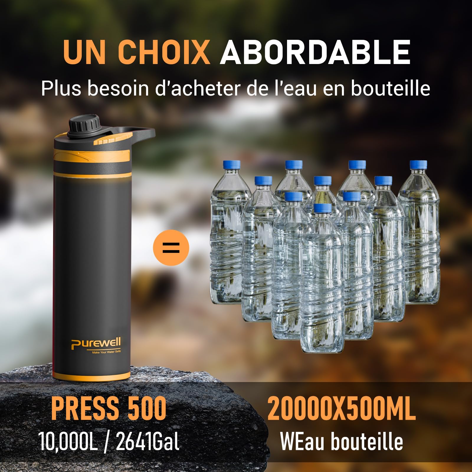 Purewell Gourde Filtrante Outdoor 500ml - Système Press & Drink Filtre 99,999% des Bactéries, Virus, Chlore & Odeurs - Capacité de Filtration 10000L pour Camping, Randonnée, Survie et Voyages