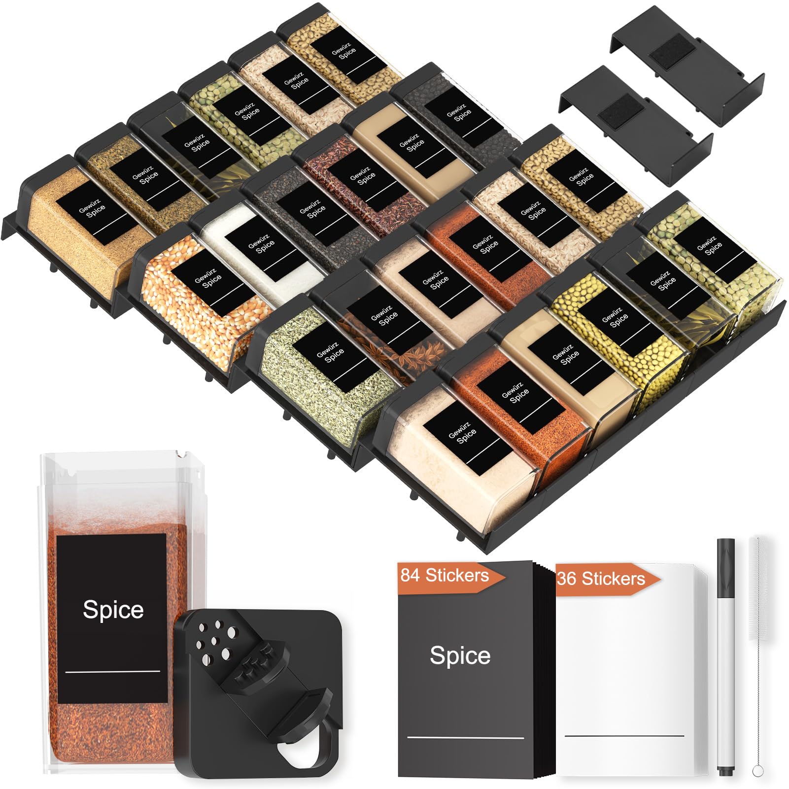 Famhap 24 Especiero de Cajón Con 24 Botes Especias, piezas Bandeja para Cajones de Cocina, Cajón para Especias Colocable para Frascos de Especias