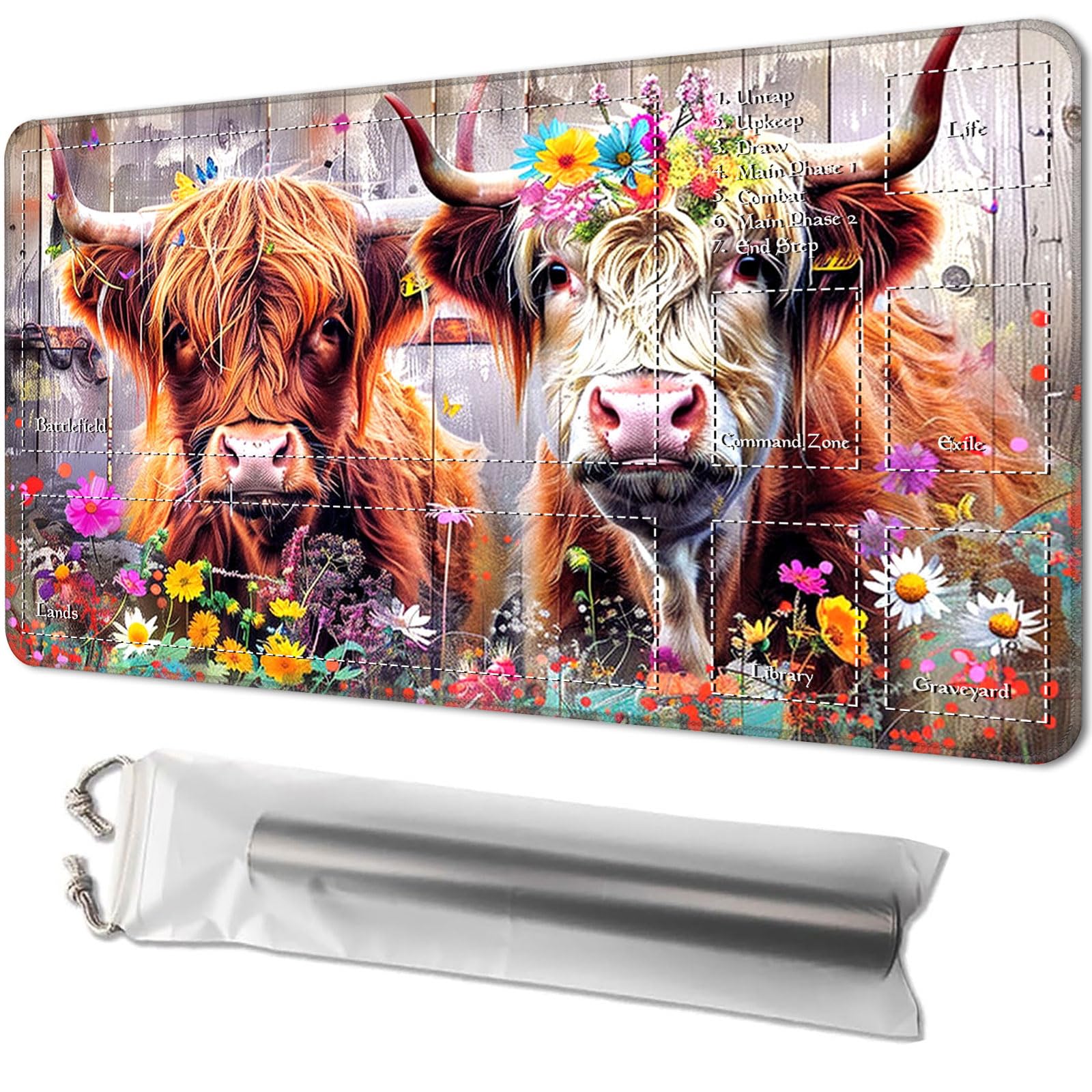 Playmat for MTG, Game Mat 24 x 14 inches, with Free Storage Bags, TCG and Board Game Mat for Cards, Ideal for Card Game Enthusiasts, Highland Cows