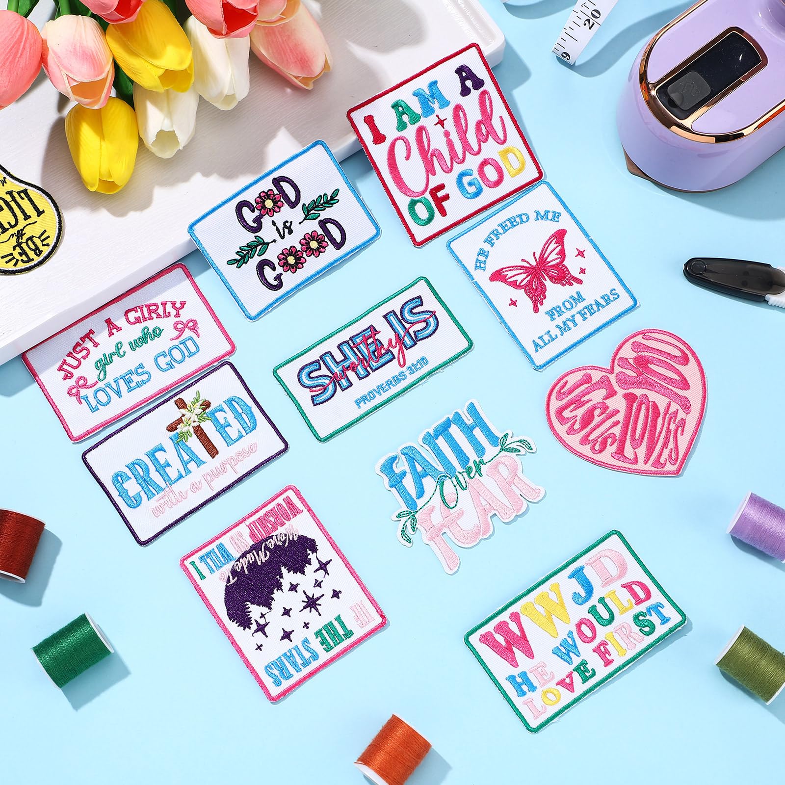 Wavwavw 20 parches cristianos para planchar con texto en inglés "Love Like Jesus", bordado para sombrero de camionero, apliques para coser, versículo bíblico, religioso, accesorios de bricolaje para
