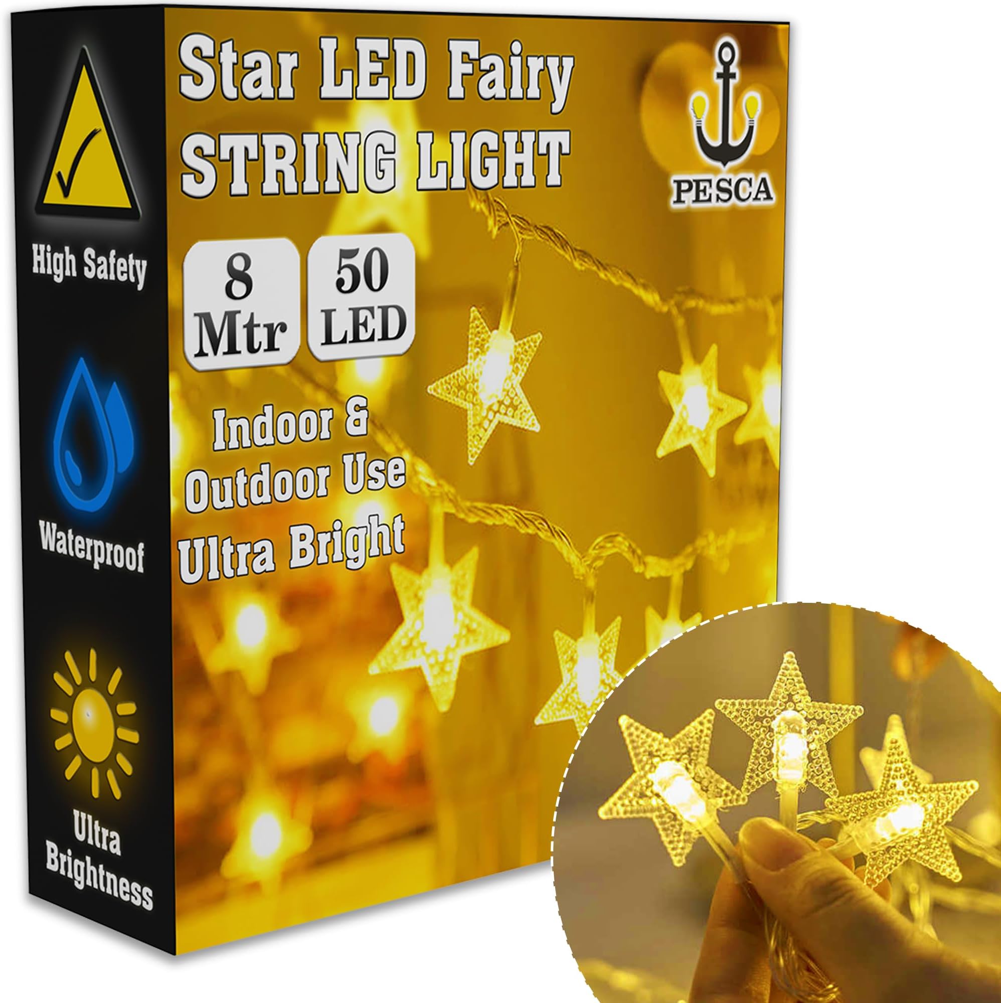 Star String Lights 50 Star LED with 8 Metre Length (Warm White,Plastic,Corded Electric)